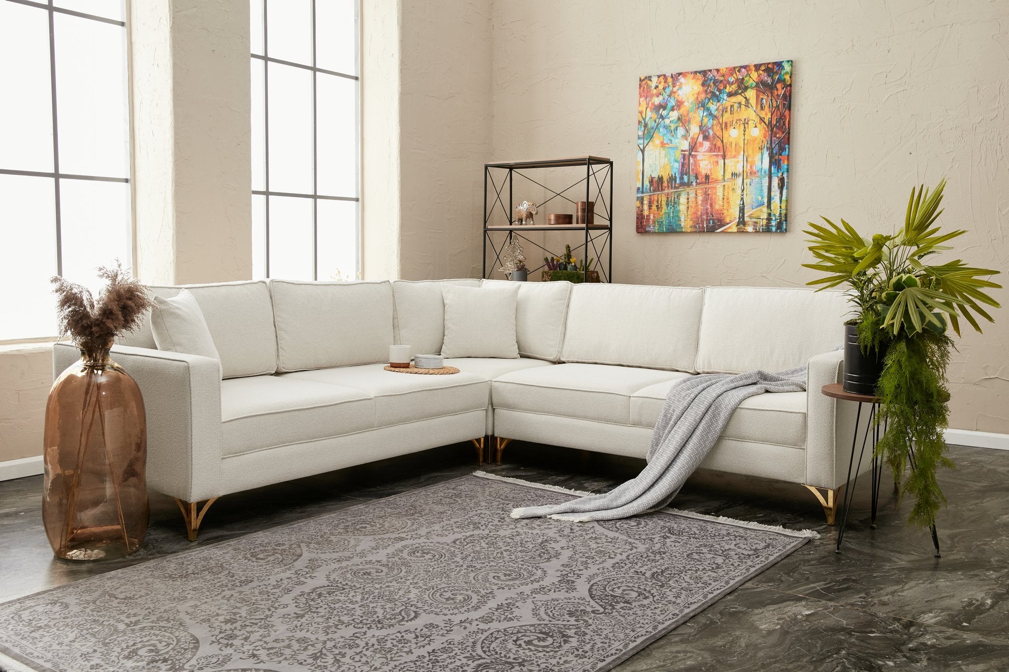 Sofá de Canto Elegante, Creme e Dourado, 258 x 258 cm | Estrutura em Madeira de Faia, 100% Poliéster, Tecido Fácil de Limpar, Pés de Metal | Design Moderno e Glamouroso para Espaços de Convivência Elegantes