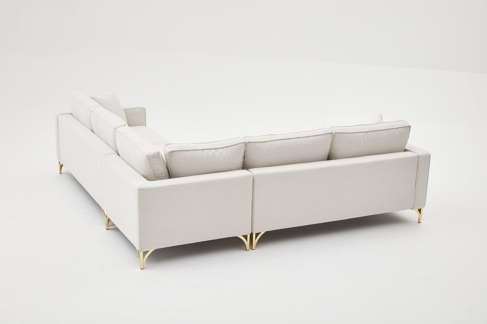 Sofá de Canto Elegante, Creme e Dourado, 258 x 258 cm | Estrutura em Madeira de Faia, 100% Poliéster, Tecido Fácil de Limpar, Pés de Metal | Design Moderno e Glamouroso para Espaços de Convivência Elegantes