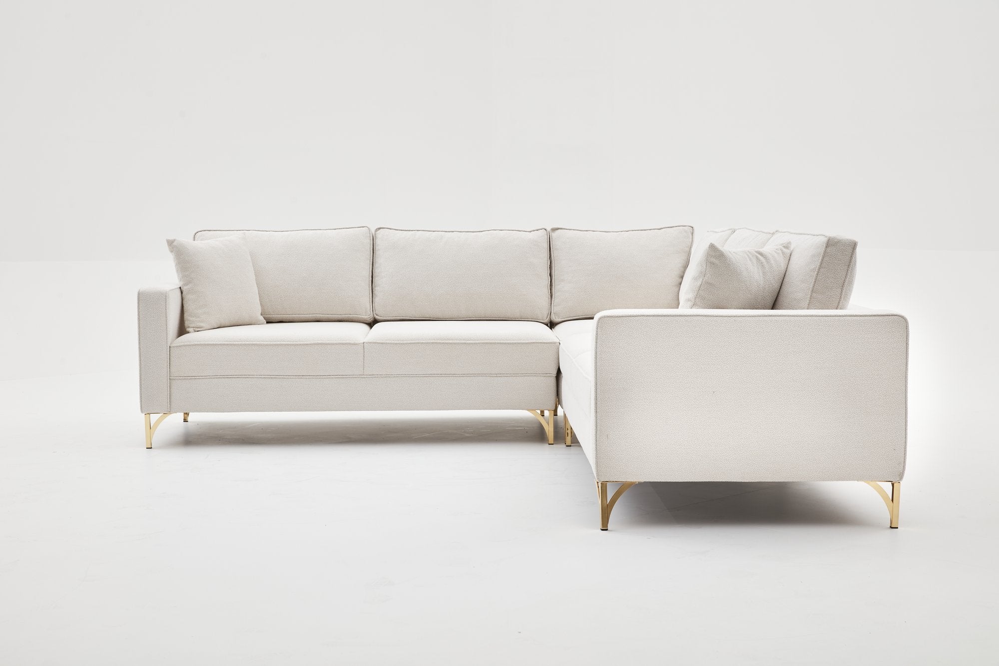 Sofá de Canto Elegante, Creme e Dourado, 258 x 258 cm | Estrutura em Madeira de Faia, 100% Poliéster, Tecido Fácil de Limpar, Pés de Metal | Design Moderno e Glamouroso para Espaços de Convivência Elegantes