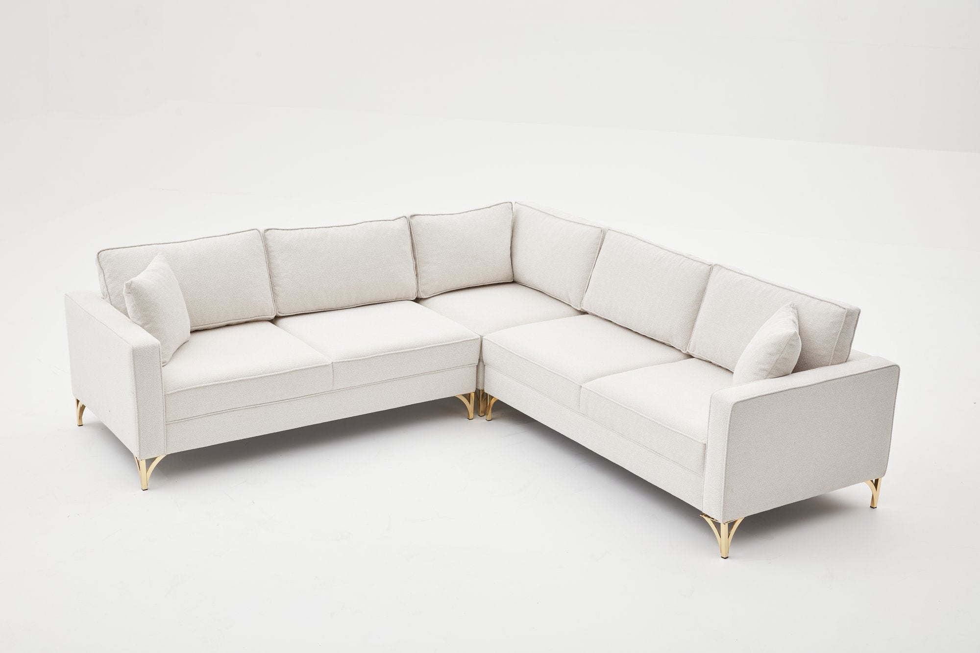 Sofá de Canto Elegante, Creme e Dourado, 258 x 258 cm | Estrutura em Madeira de Faia, 100% Poliéster, Tecido Fácil de Limpar, Pés de Metal | Design Moderno e Glamouroso para Espaços de Convivência Elegantes
