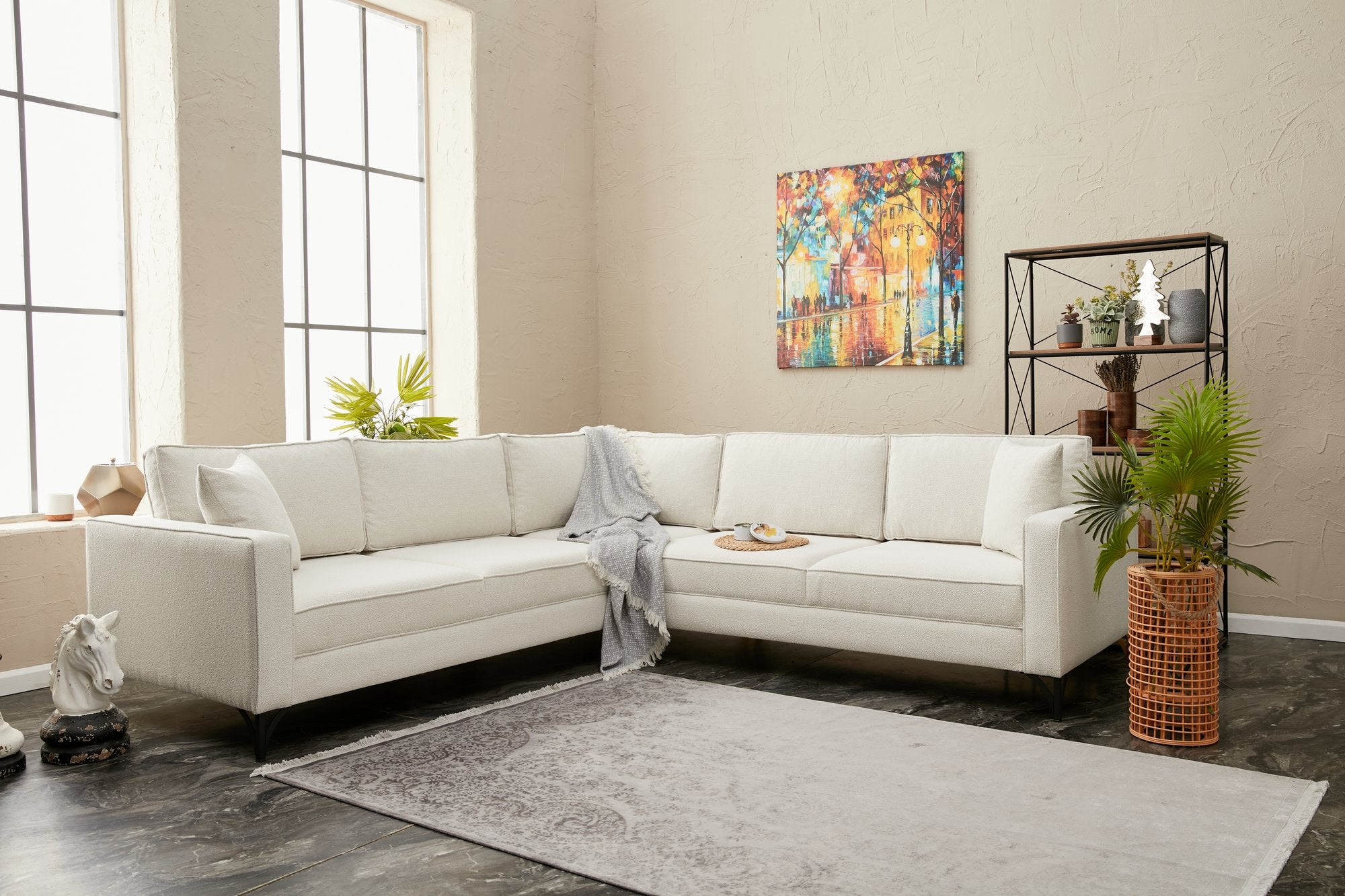 Sofá de Canto Moderno, Creme e Preto, 258 x 258 cm | Estrutura em Madeira de Faia, 100% Poliéster, Tecido Fácil de Limpar, Pés de Metal | Elegante e Confortável para Casa e Hotel