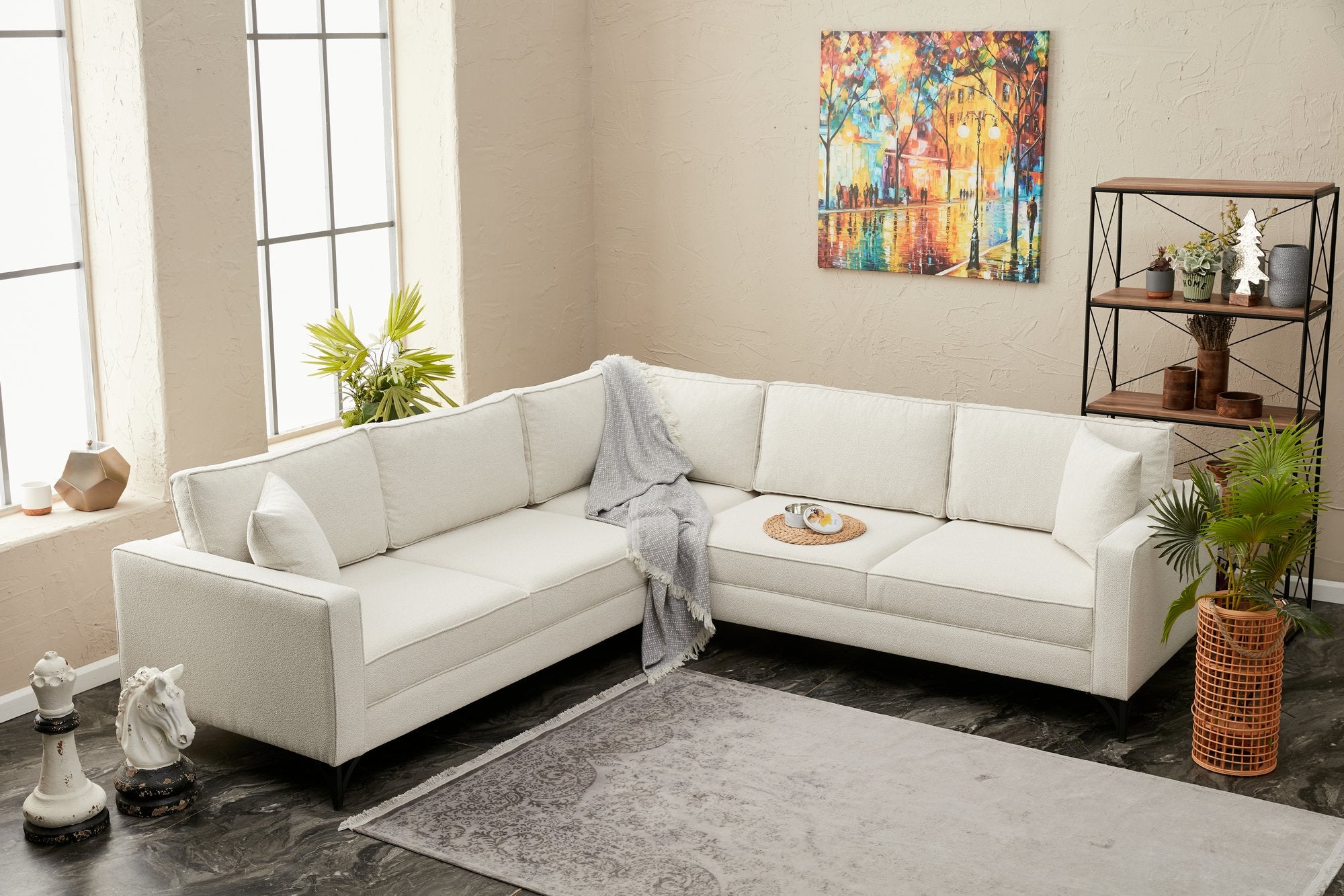 Sofá de Canto Moderno, Creme e Preto, 258 x 258 cm | Estrutura em Madeira de Faia, 100% Poliéster, Tecido Fácil de Limpar, Pés de Metal | Elegante e Confortável para Casa e Hotel