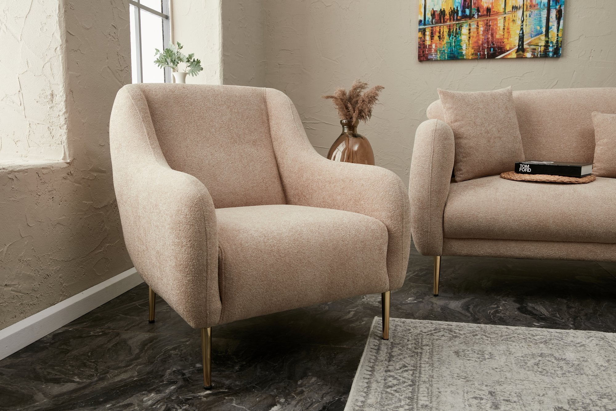 Sofá elegante de 1 lugar, bege e dourado, estrutura de madeira de faia, 77 x 70 x 77 cm | 100% poliéster, fácil de limpar, pernas de metal, design moderno e glamoroso para casa e hotel