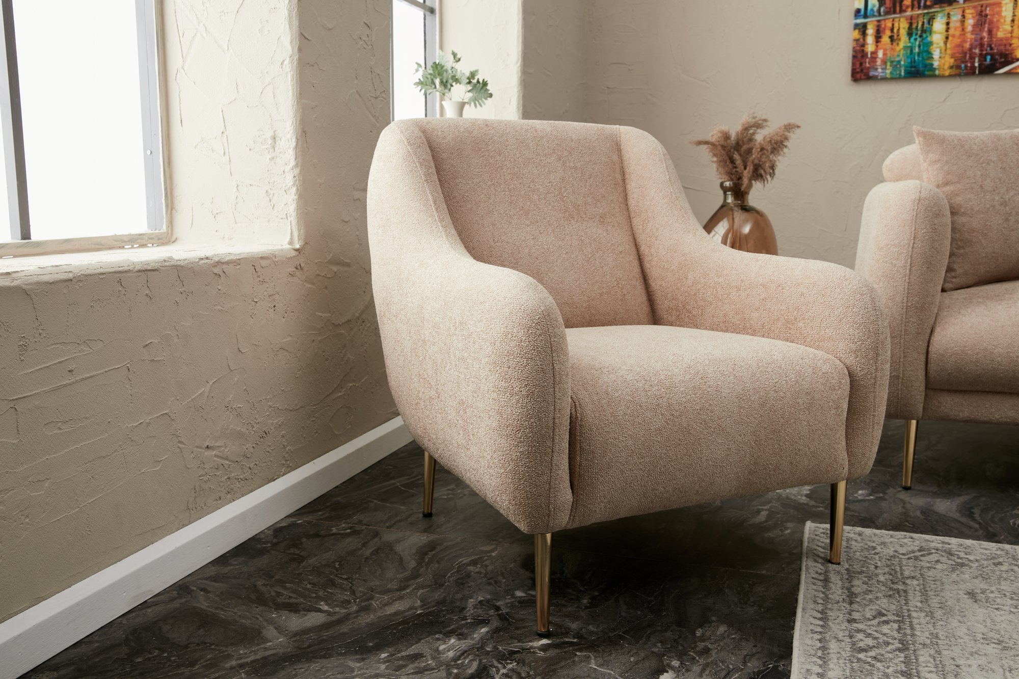 Sofá elegante de 1 lugar, bege e dourado, estrutura de madeira de faia, 77 x 70 x 77 cm | 100% poliéster, fácil de limpar, pernas de metal, design moderno e glamoroso para casa e hotel
