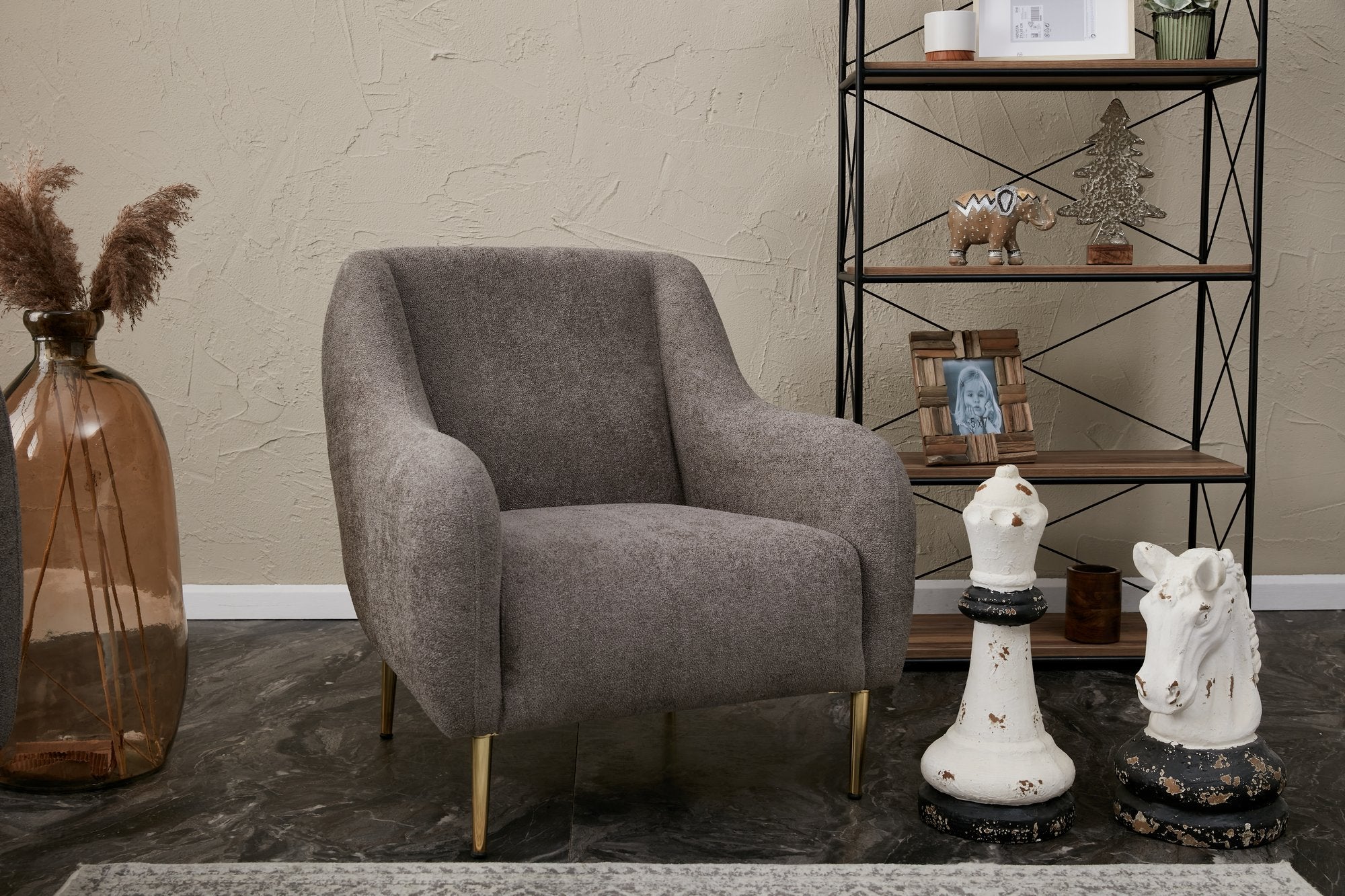 Sofá moderno de 1 lugar, cinza e dourado, estrutura de madeira de faia, 77x70x77 cm | 100% poliéster, fácil de limpar, pernas de metal, design glamoroso e escandinavo