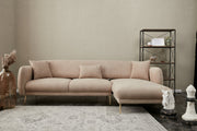 Sofá-cama de canto elegante, estrutura de madeira de faia, bege e dourado, 77x70x77 cm | 100% poliéster, pernas de metal, fácil de limpar, inclui 3 almofadas decorativas | Design moderno e glamouroso