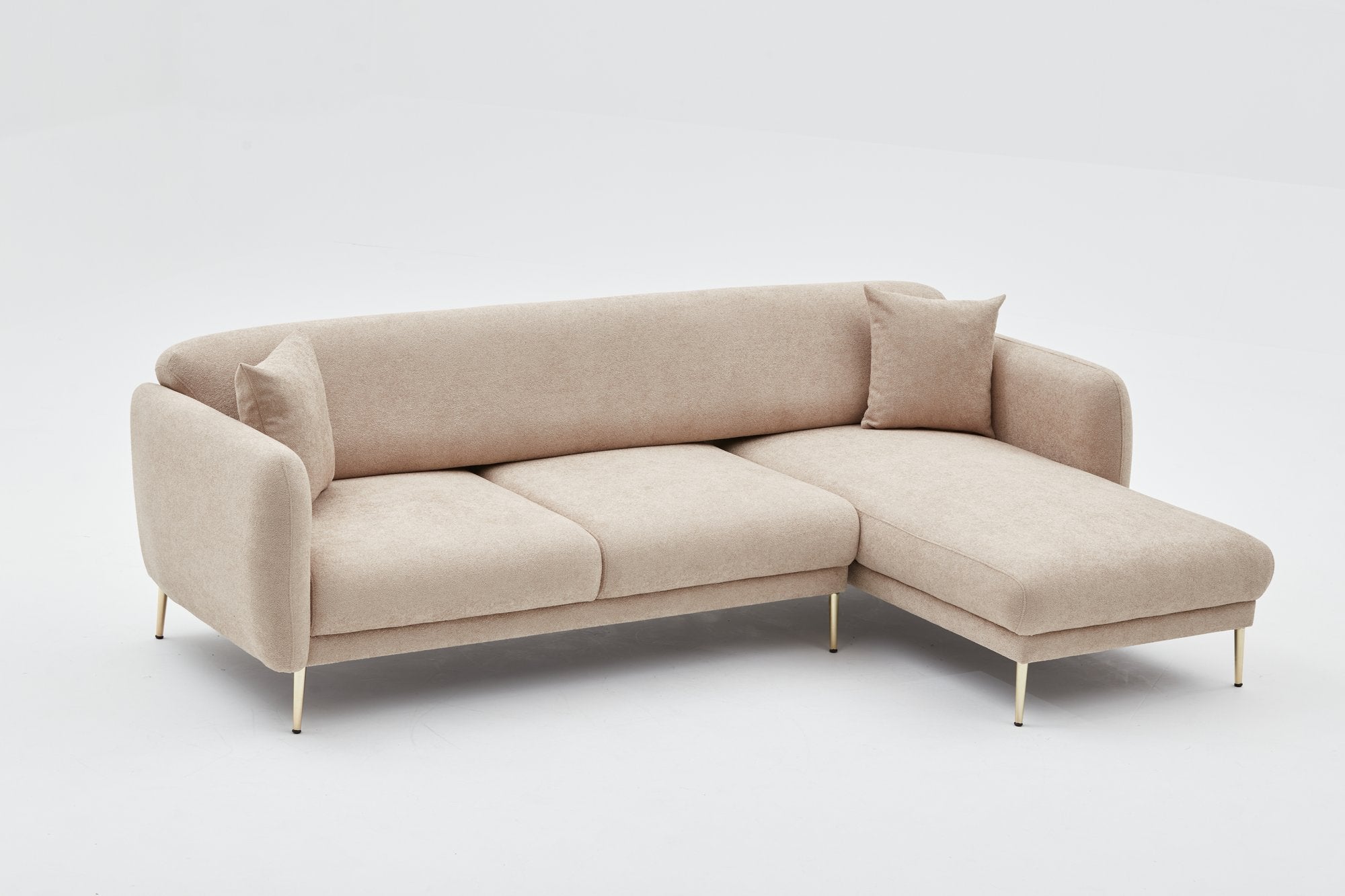 Sofá-cama de canto elegante, estrutura de madeira de faia, bege e dourado, 77x70x77 cm | 100% poliéster, pernas de metal, fácil de limpar, inclui 3 almofadas decorativas | Design moderno e glamouroso