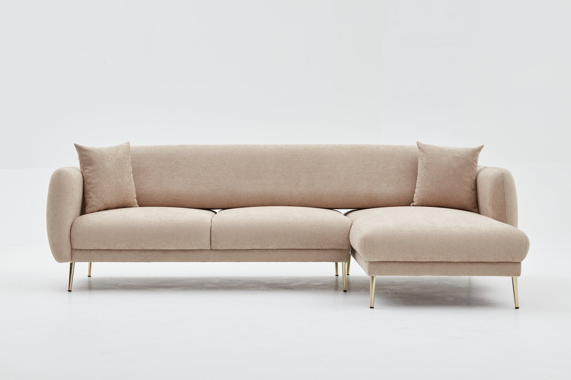 Sofá-cama de canto elegante, estrutura de madeira de faia, bege e dourado, 77x70x77 cm | 100% poliéster, pernas de metal, fácil de limpar, inclui 3 almofadas decorativas | Design moderno e glamouroso