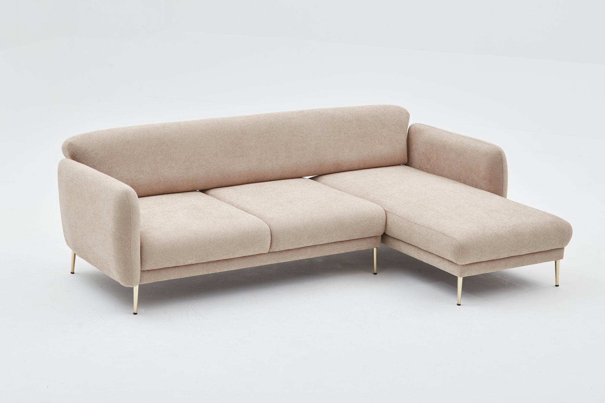Sofá-cama de canto elegante, estrutura de madeira de faia, bege e dourado, 77x70x77 cm | 100% poliéster, pernas de metal, fácil de limpar, inclui 3 almofadas decorativas | Design moderno e glamouroso