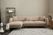Sofá-cama de canto elegante, estrutura de madeira de faia, 266 x 133 cm, bege e dourado, 100% poliéster, fácil de limpar, design moderno e glamoroso, perfeito para salas de estar