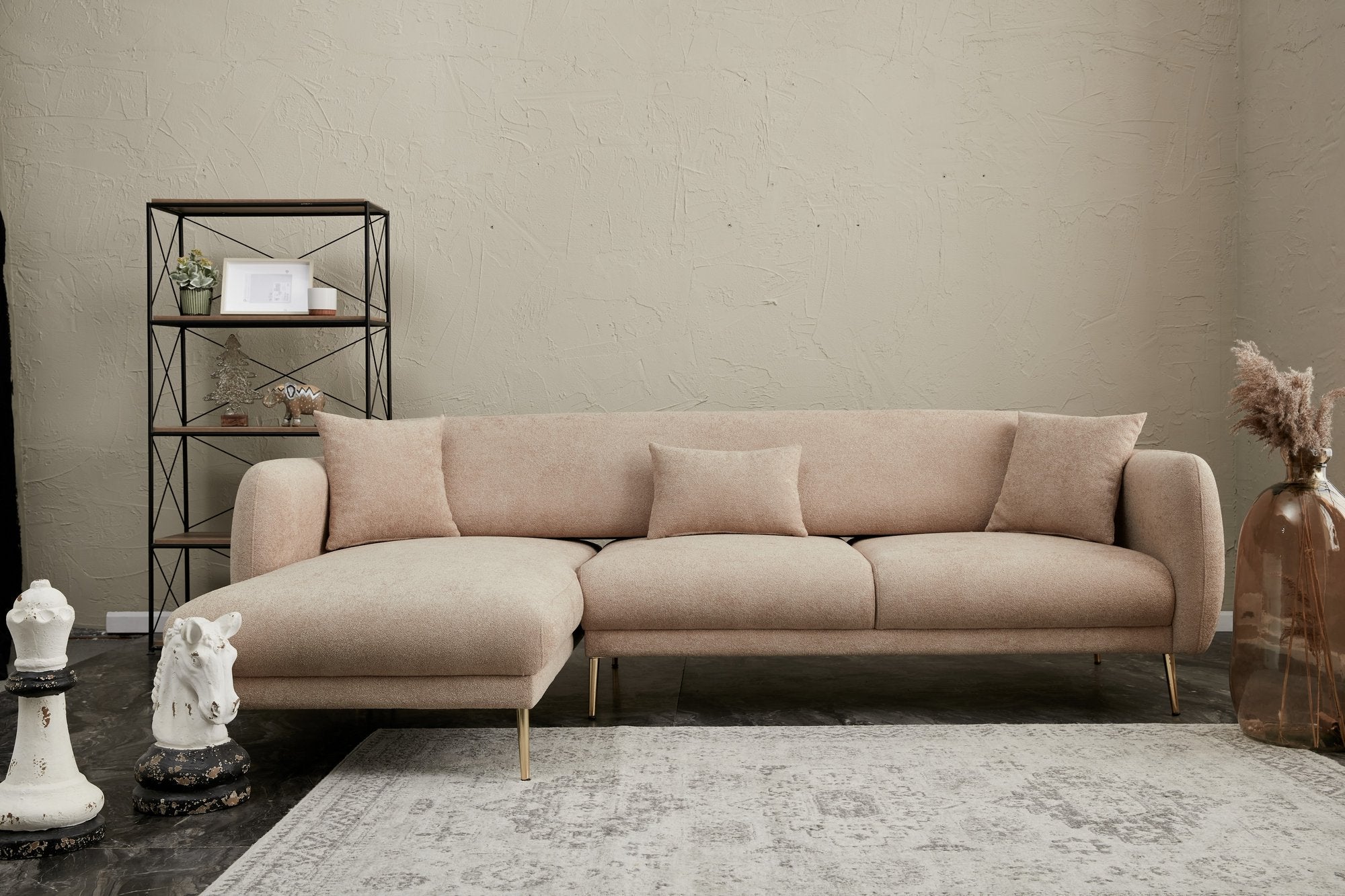 Sofá-cama de canto elegante, estrutura de madeira de faia, 266 x 133 cm, bege e dourado, 100% poliéster, fácil de limpar, design moderno e glamoroso, perfeito para salas de estar