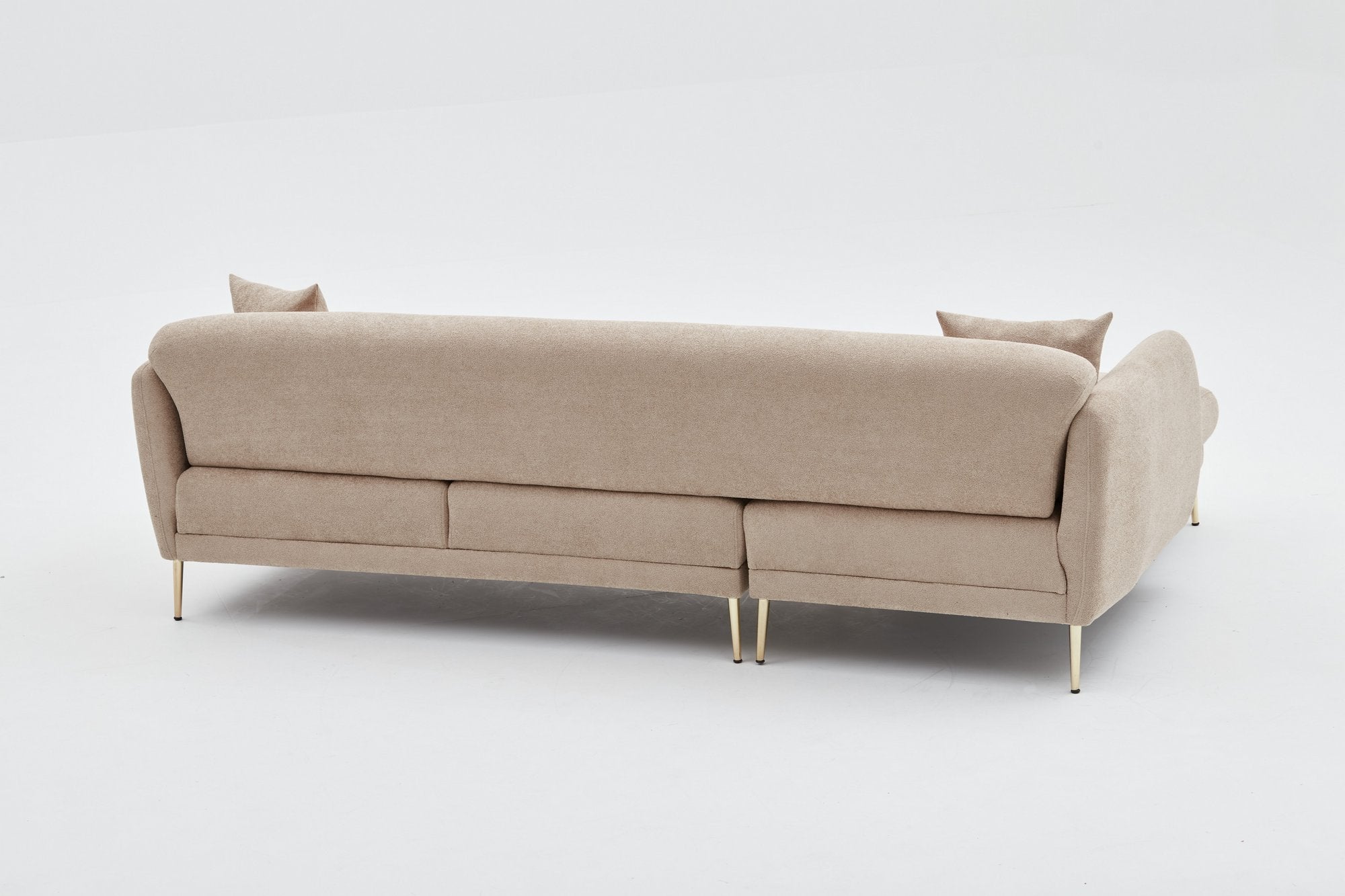 Sofá-cama de canto elegante, estrutura de madeira de faia, 266 x 133 cm, bege e dourado, 100% poliéster, fácil de limpar, design moderno e glamoroso, perfeito para salas de estar