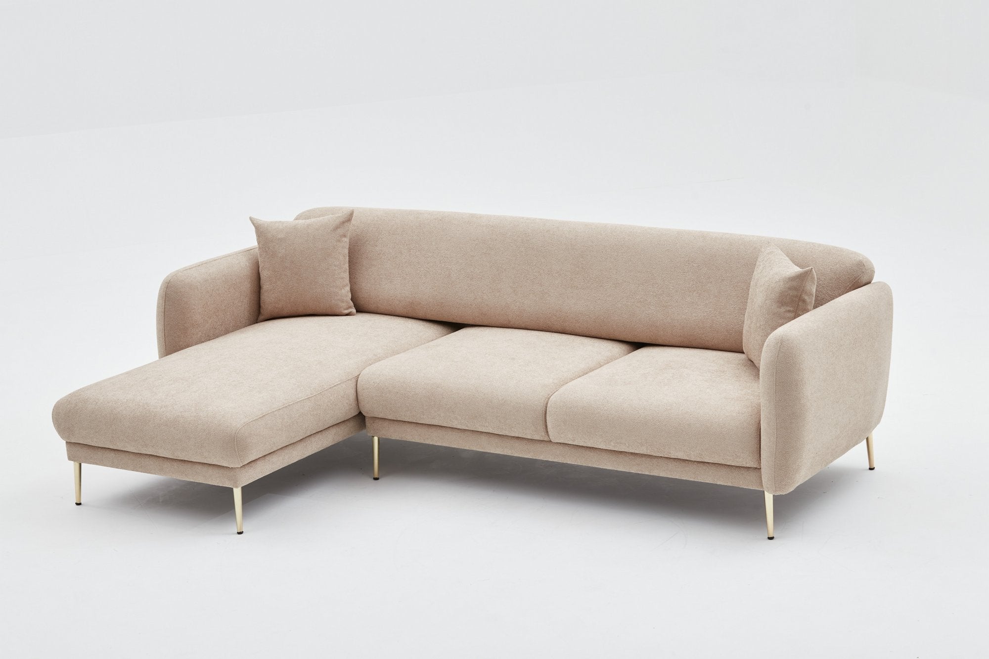 Sofá-cama de canto elegante, estrutura de madeira de faia, 266 x 133 cm, bege e dourado, 100% poliéster, fácil de limpar, design moderno e glamoroso, perfeito para salas de estar