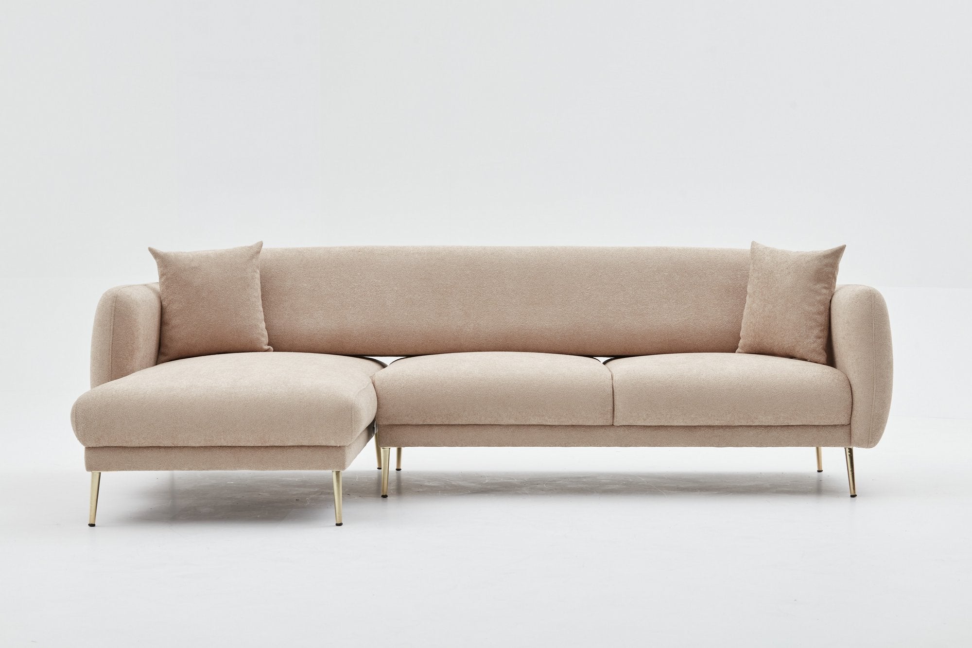 Sofá-cama de canto elegante, estrutura de madeira de faia, 266 x 133 cm, bege e dourado, 100% poliéster, fácil de limpar, design moderno e glamoroso, perfeito para salas de estar
