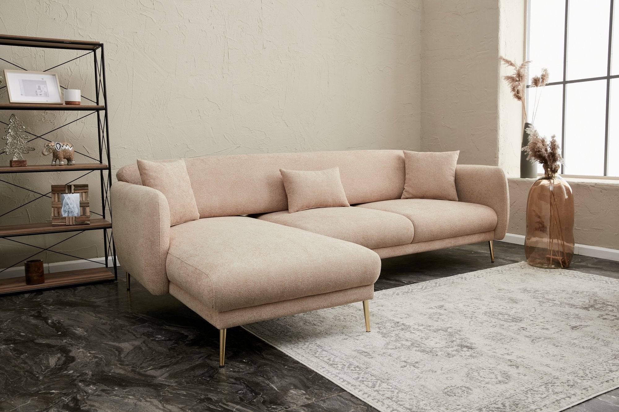 Sofá-cama de canto elegante, estrutura de madeira de faia, 266 x 133 cm, bege e dourado, 100% poliéster, fácil de limpar, design moderno e glamoroso, perfeito para salas de estar