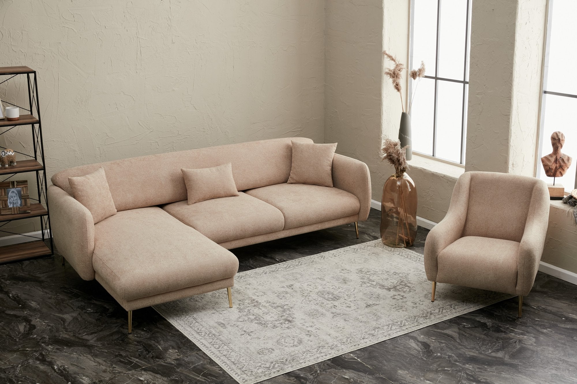 Sofá-cama de canto elegante, estrutura de madeira de faia, 266 x 133 cm, bege e dourado, 100% poliéster, fácil de limpar, design moderno e glamoroso, perfeito para salas de estar