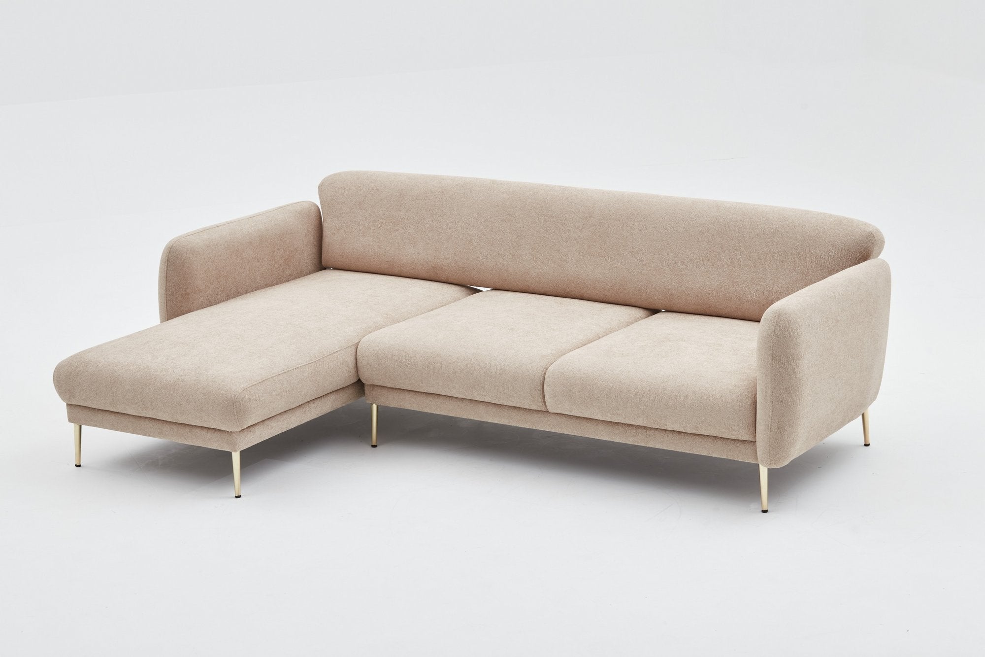 Sofá-cama de canto elegante, estrutura de madeira de faia, 266 x 133 cm, bege e dourado, 100% poliéster, fácil de limpar, design moderno e glamoroso, perfeito para salas de estar