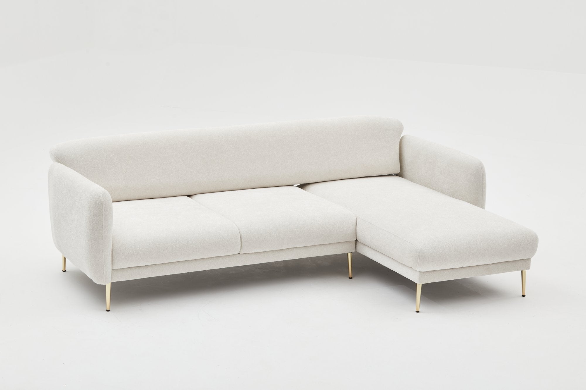 Sofá-cama de canto elegante, creme e dourado, estrutura de madeira de faia, 77x70x77 cm | 100% poliéster, pernas de metal, fácil de limpar, inclui 3 almofadas decorativas