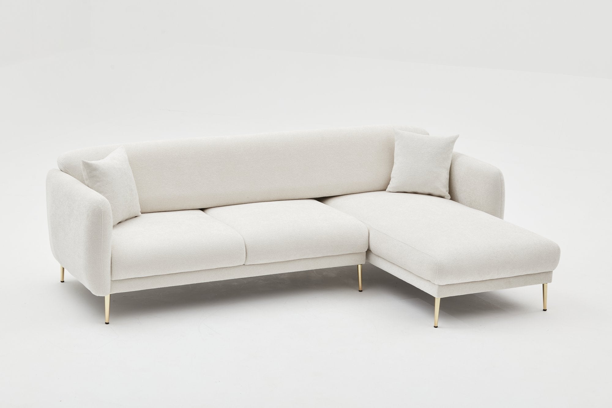 Sofá-cama de canto elegante, creme e dourado, estrutura de madeira de faia, 77x70x77 cm | 100% poliéster, pernas de metal, fácil de limpar, inclui 3 almofadas decorativas