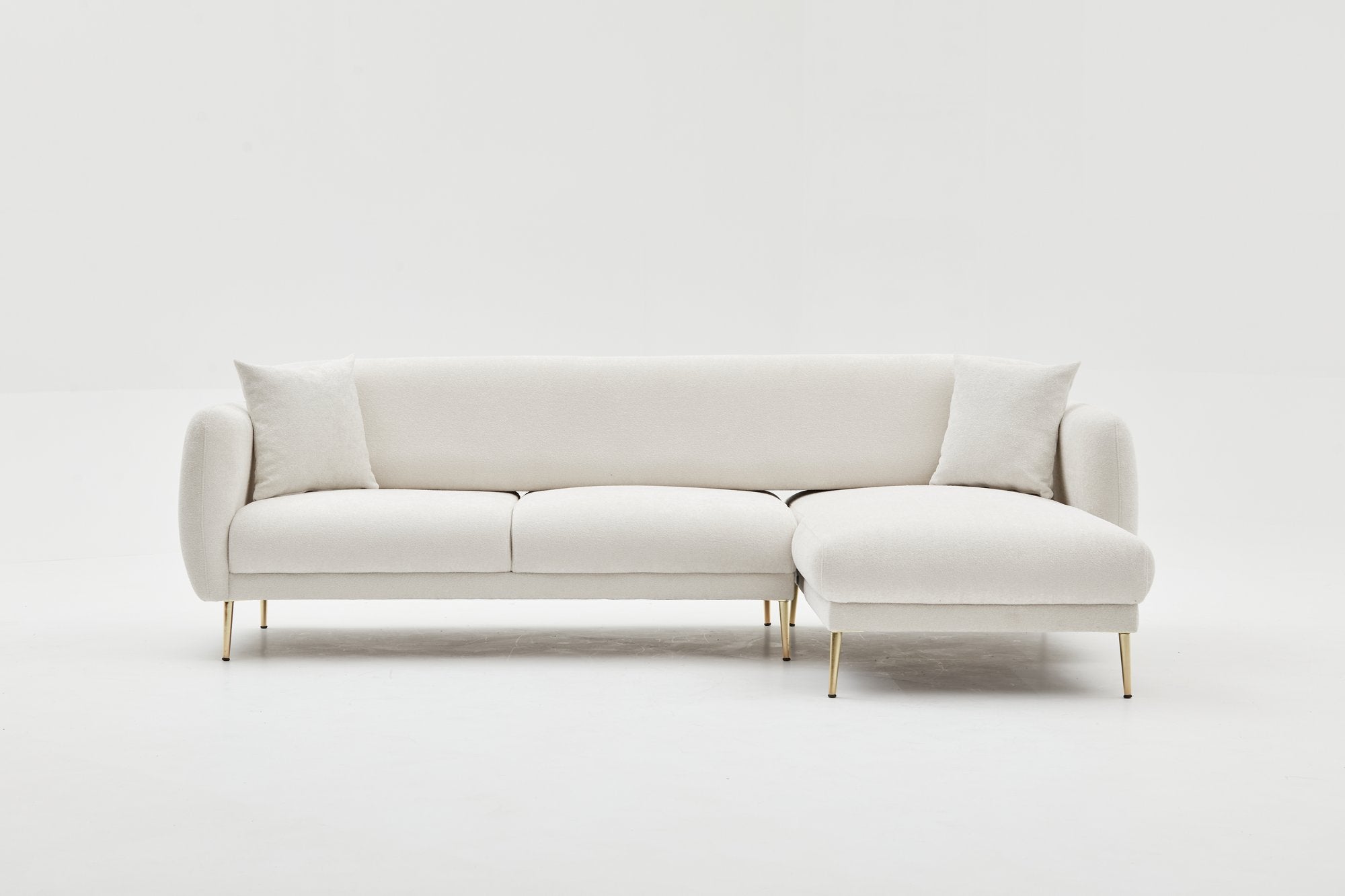 Sofá-cama de canto elegante, creme e dourado, estrutura de madeira de faia, 77x70x77 cm | 100% poliéster, pernas de metal, fácil de limpar, inclui 3 almofadas decorativas