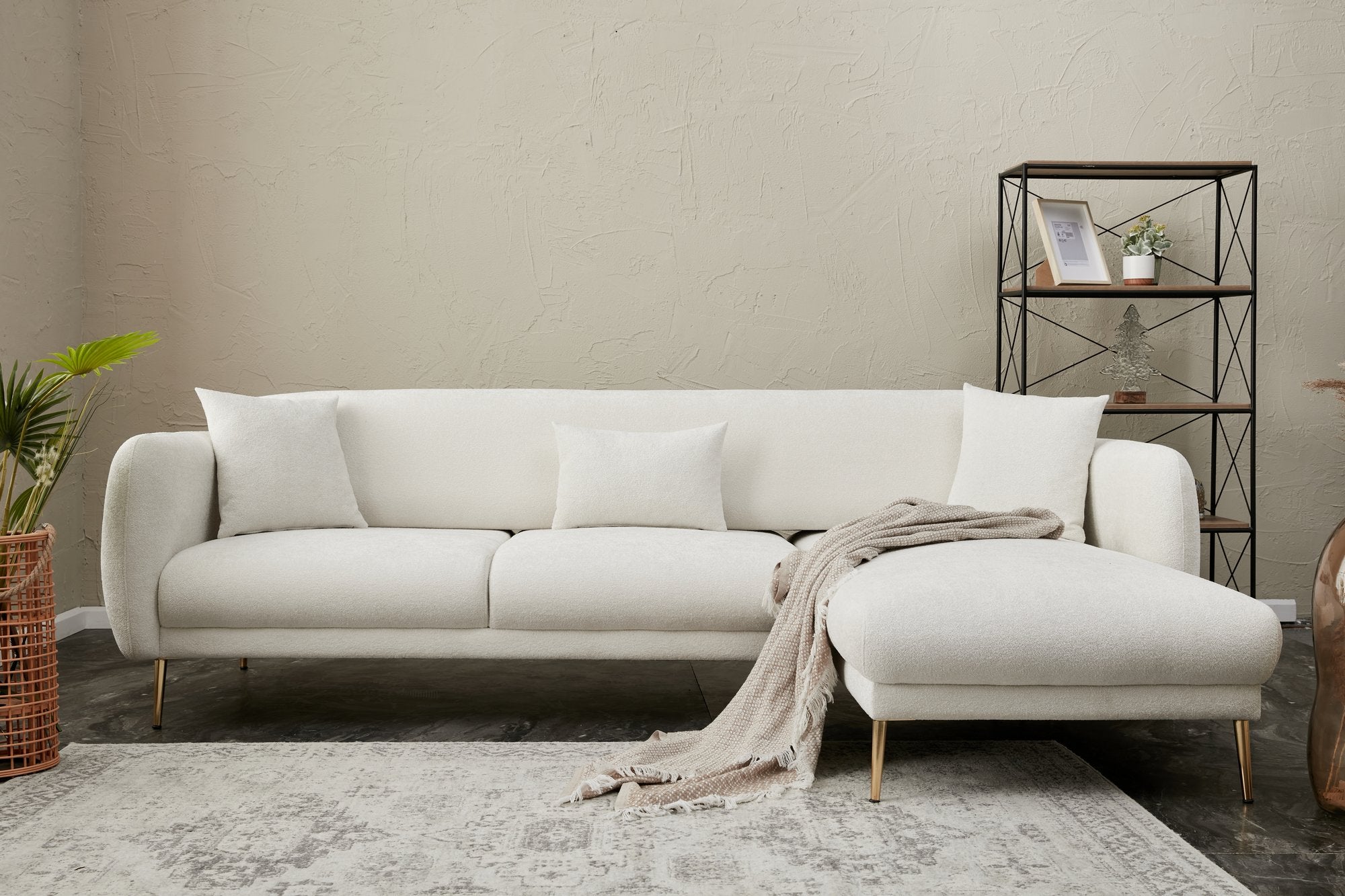 Sofá-cama de canto elegante, creme e dourado, estrutura de madeira de faia, 77x70x77 cm | 100% poliéster, pernas de metal, fácil de limpar, inclui 3 almofadas decorativas