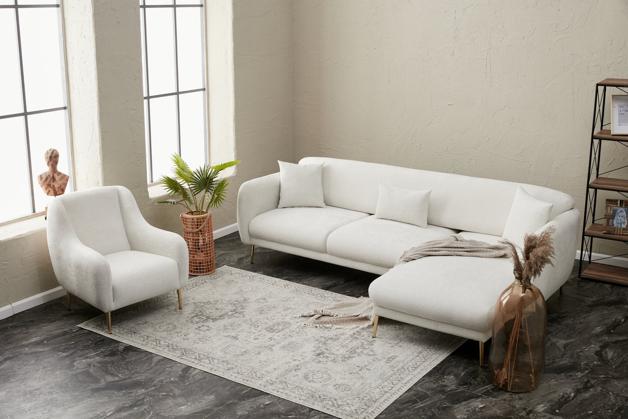 Sofá-cama de canto elegante, creme e dourado, estrutura de madeira de faia, 77x70x77 cm | 100% poliéster, pernas de metal, fácil de limpar, inclui 3 almofadas decorativas