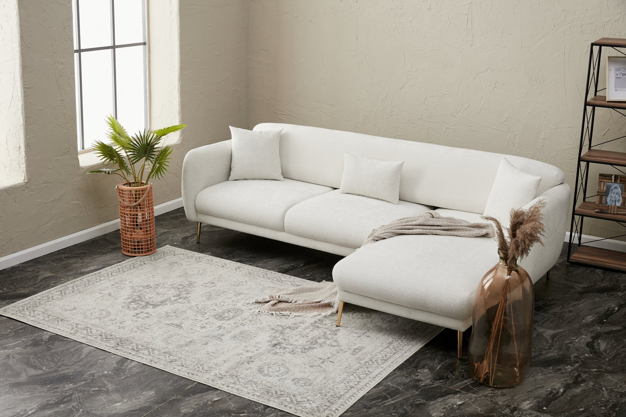 Sofá-cama de canto elegante, creme e dourado, estrutura de madeira de faia, 77x70x77 cm | 100% poliéster, pernas de metal, fácil de limpar, inclui 3 almofadas decorativas
