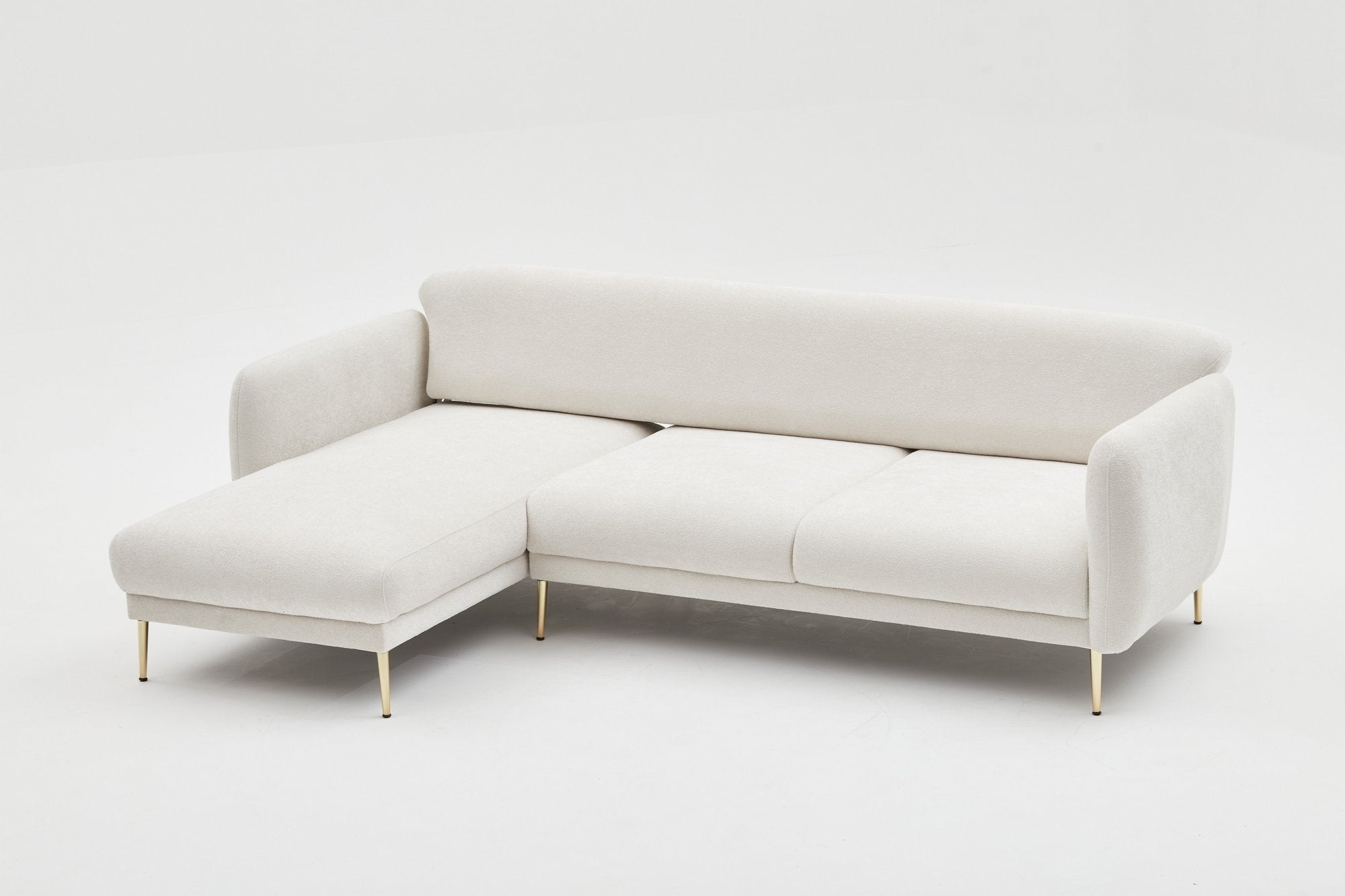 Sofá-cama de canto elegante, creme e dourado, estrutura de madeira de faia, 266 x 133 cm | 100% poliéster, fácil de limpar, design moderno e glamouroso, perfeito para qualquer espaço