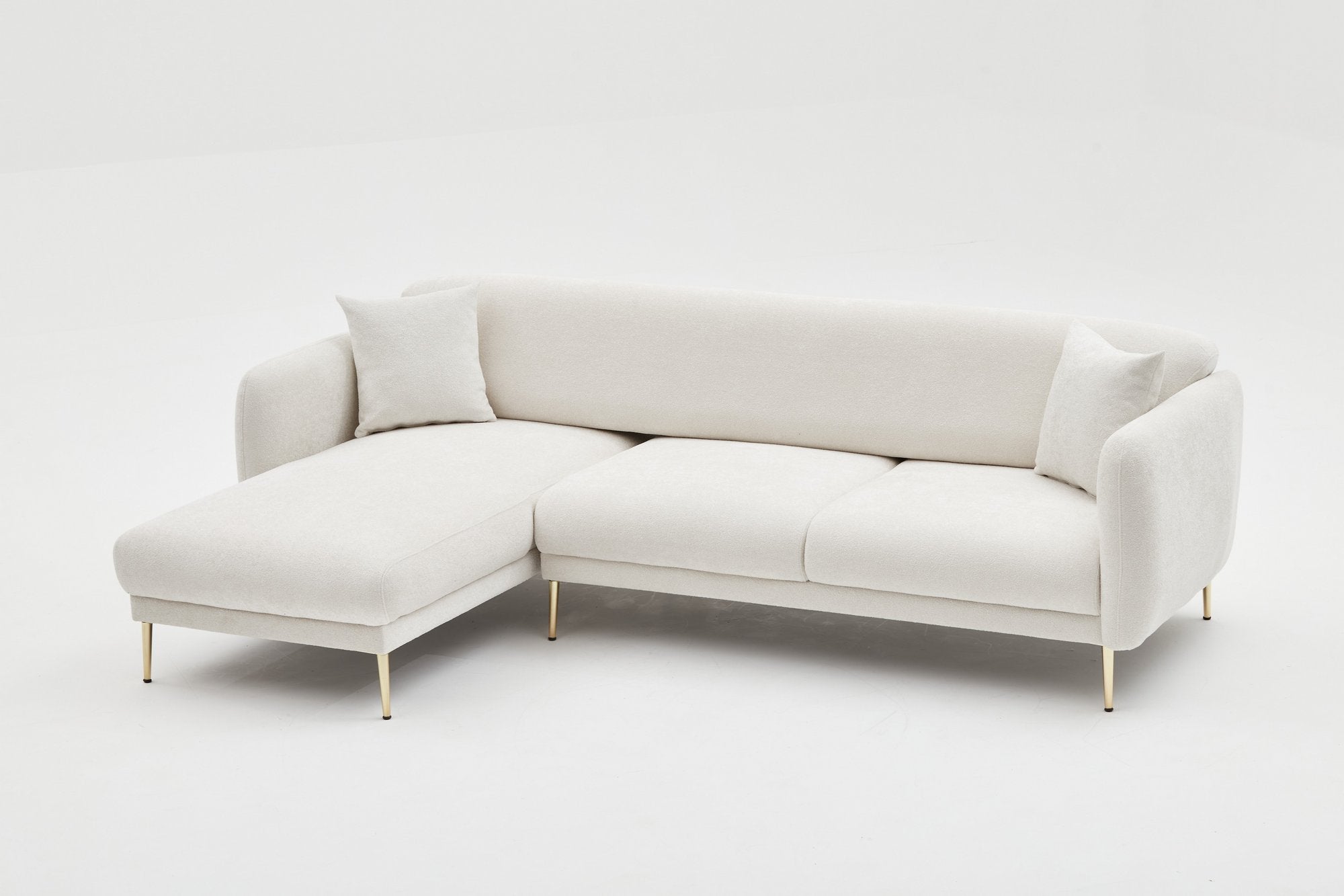 Sofá-cama de canto elegante, creme e dourado, estrutura de madeira de faia, 266 x 133 cm | 100% poliéster, fácil de limpar, design moderno e glamouroso, perfeito para qualquer espaço