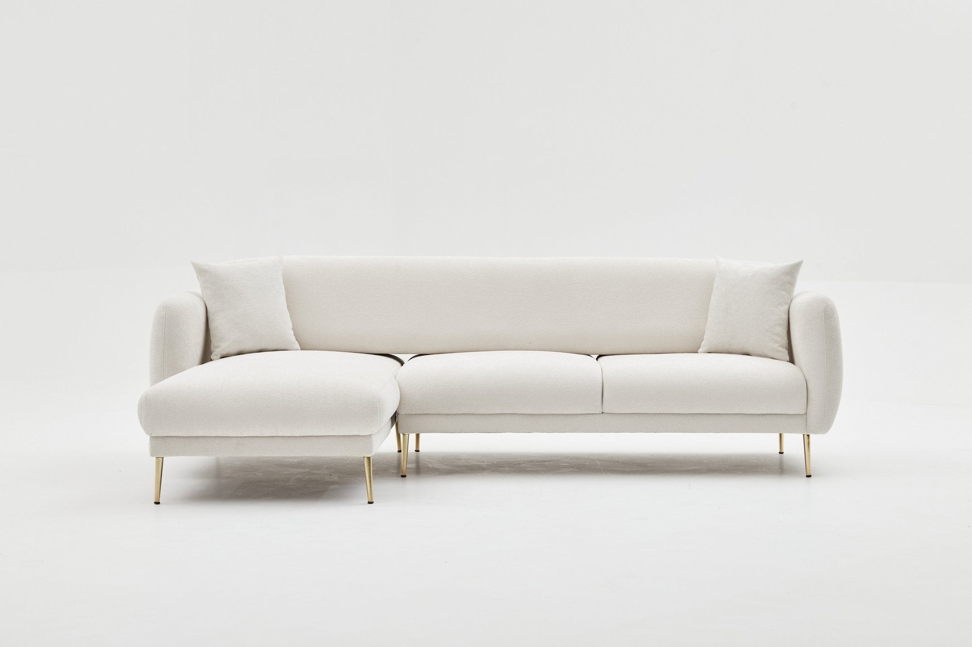 Sofá-cama de canto elegante, creme e dourado, estrutura de madeira de faia, 266 x 133 cm | 100% poliéster, fácil de limpar, design moderno e glamouroso, perfeito para qualquer espaço