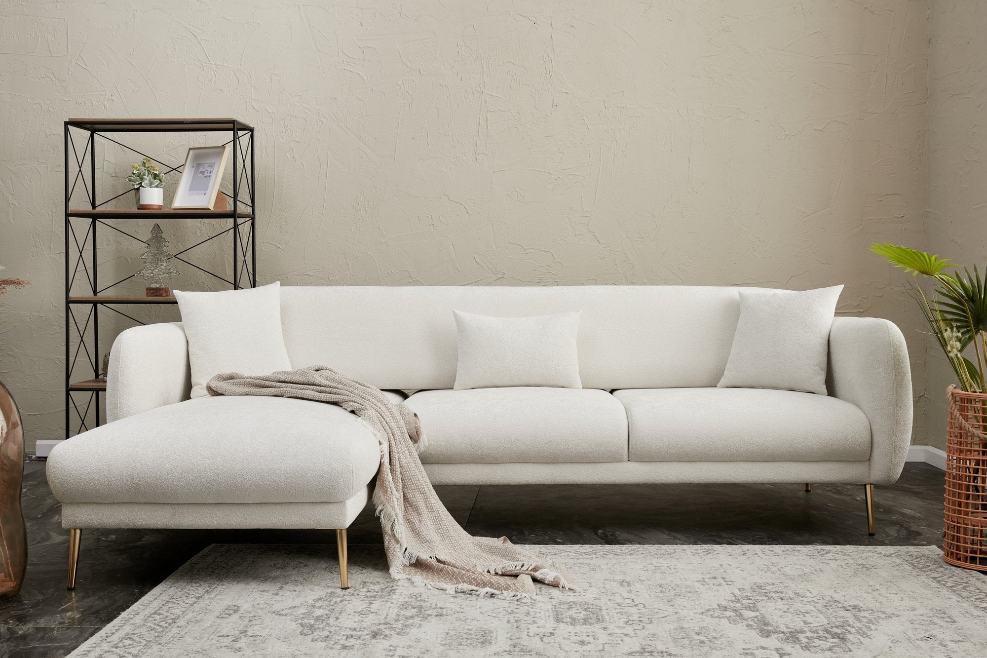 Sofá-cama de canto elegante, creme e dourado, estrutura de madeira de faia, 266 x 133 cm | 100% poliéster, fácil de limpar, design moderno e glamouroso, perfeito para qualquer espaço