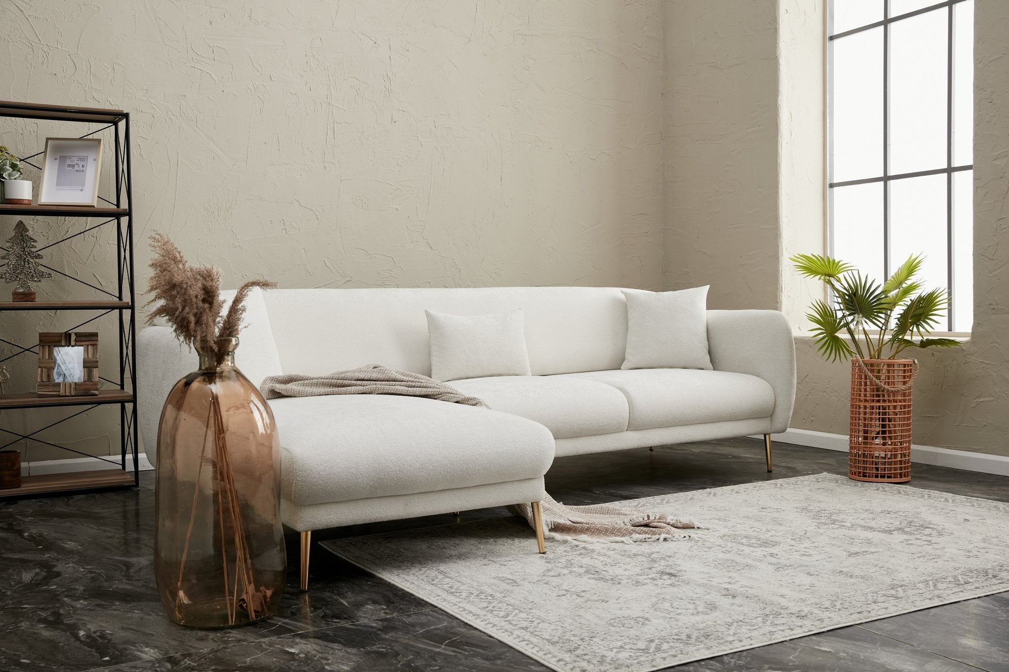 Sofá-cama de canto elegante, creme e dourado, estrutura de madeira de faia, 266 x 133 cm | 100% poliéster, fácil de limpar, design moderno e glamouroso, perfeito para qualquer espaço