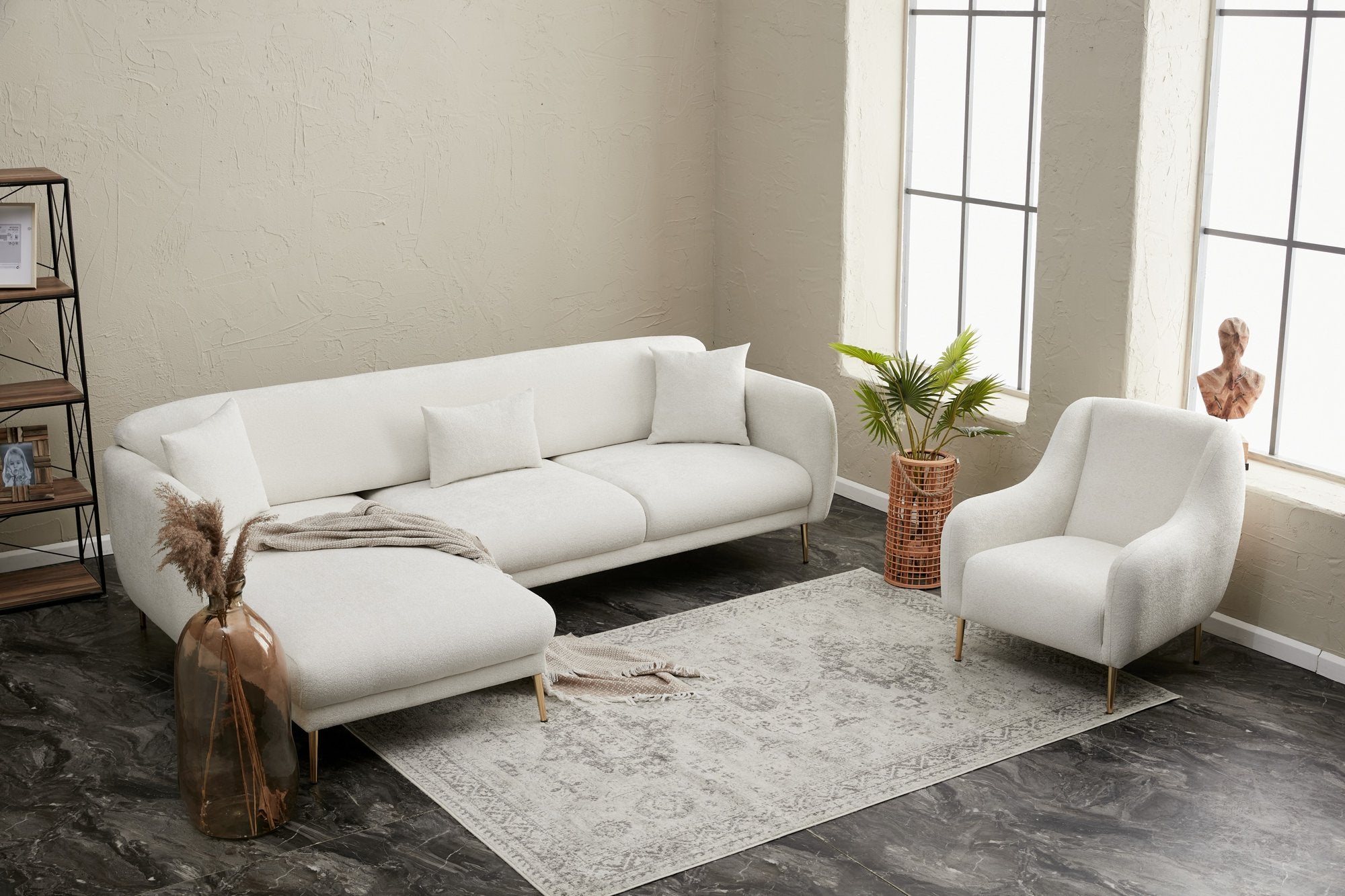 Sofá-cama de canto elegante, creme e dourado, estrutura de madeira de faia, 266 x 133 cm | 100% poliéster, fácil de limpar, design moderno e glamouroso, perfeito para qualquer espaço