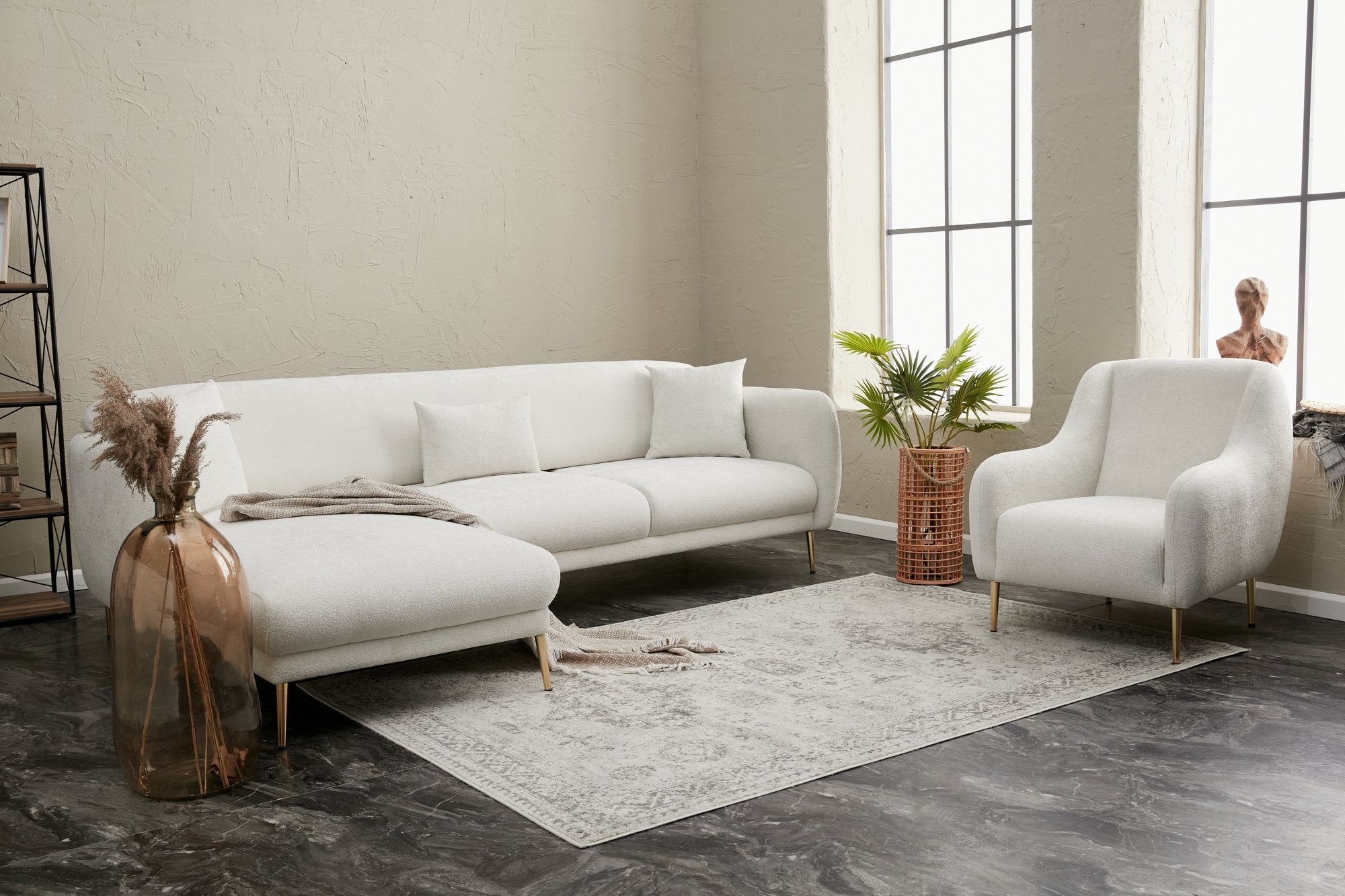 Sofá-cama de canto elegante, creme e dourado, estrutura de madeira de faia, 266 x 133 cm | 100% poliéster, fácil de limpar, design moderno e glamouroso, perfeito para qualquer espaço