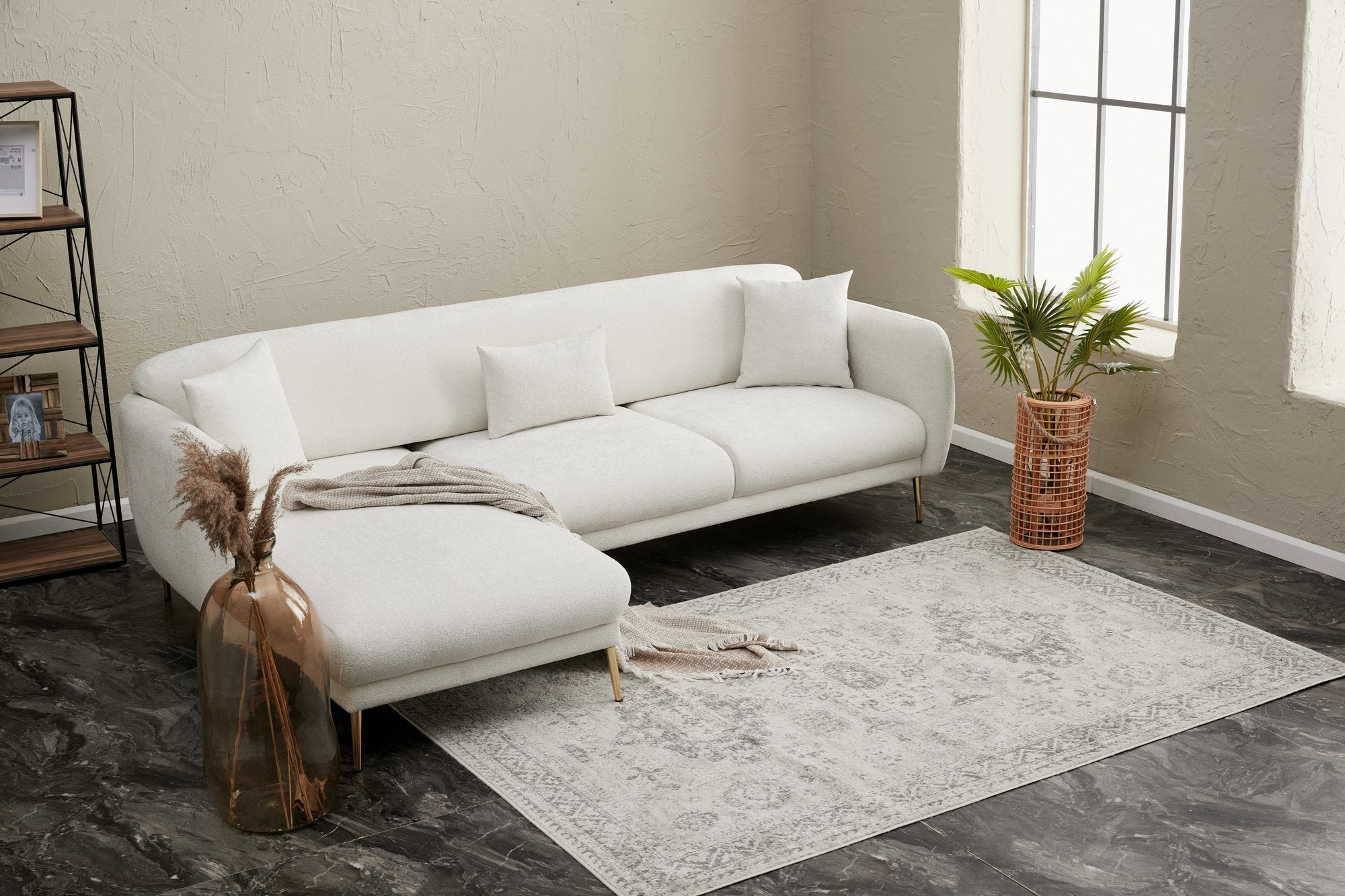 Sofá-cama de canto elegante, creme e dourado, estrutura de madeira de faia, 266 x 133 cm | 100% poliéster, fácil de limpar, design moderno e glamouroso, perfeito para qualquer espaço