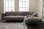 Sofá-cama de canto elegante, estrutura de madeira de faia, cinza e dourado, 266 x 133 cm | 100% poliéster, fácil de limpar, inclui 3 almofadas | Design escandinavo moderno