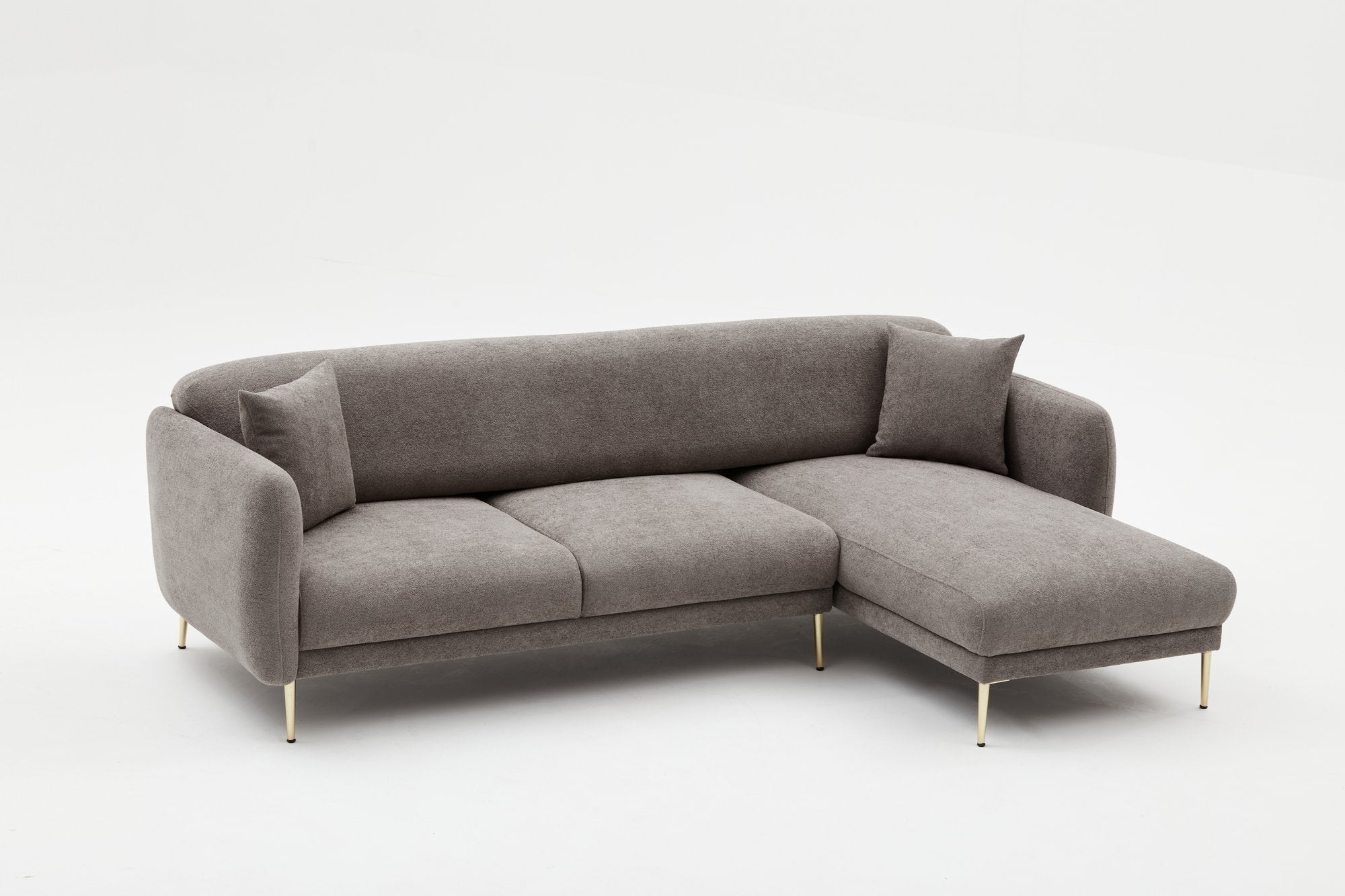 Sofá-cama de canto elegante, estrutura de madeira de faia, cinza e dourado, 266 x 133 cm | 100% poliéster, fácil de limpar, inclui 3 almofadas | Design escandinavo moderno
