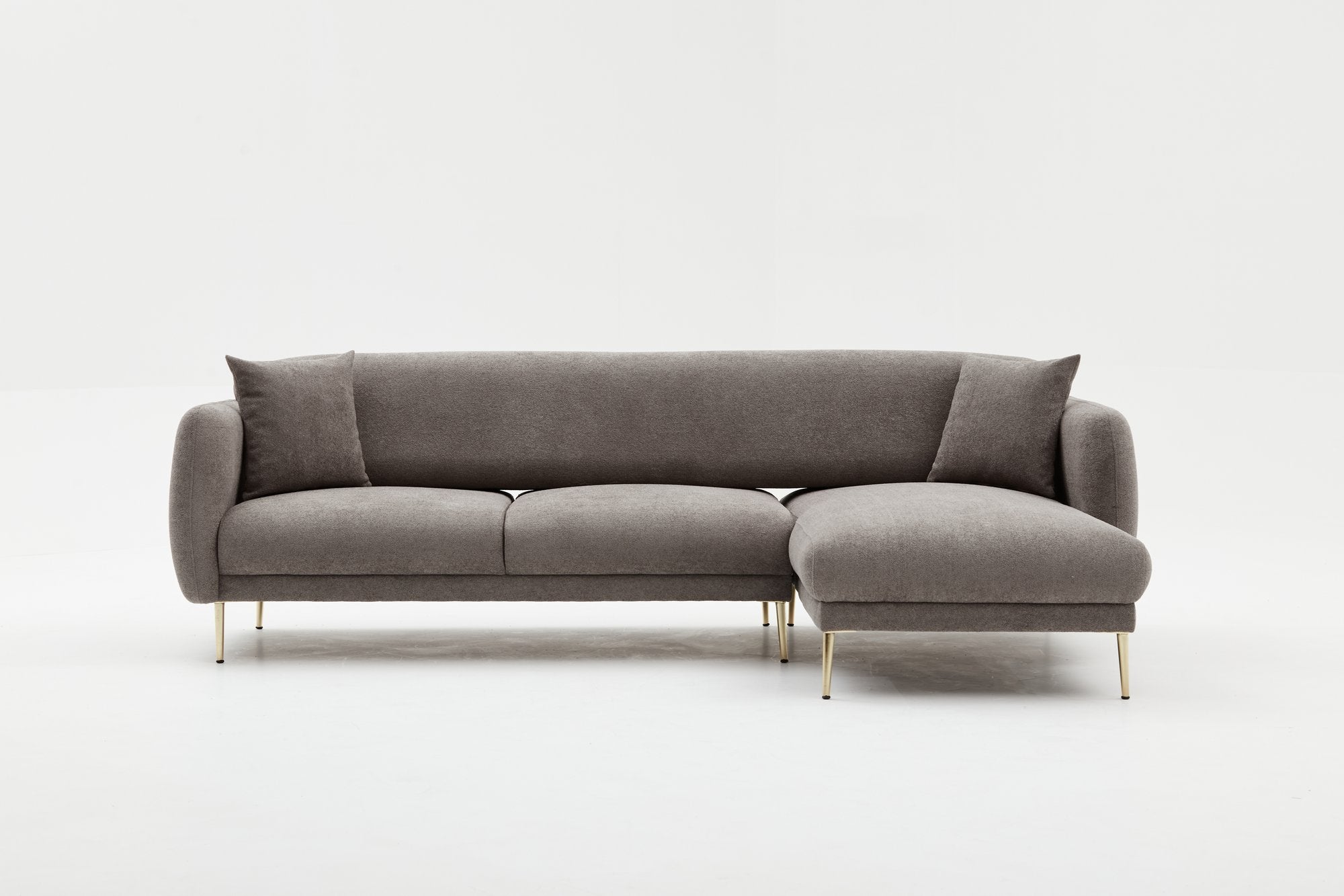 Sofá-cama de canto elegante, estrutura de madeira de faia, cinza e dourado, 266 x 133 cm | 100% poliéster, fácil de limpar, inclui 3 almofadas | Design escandinavo moderno
