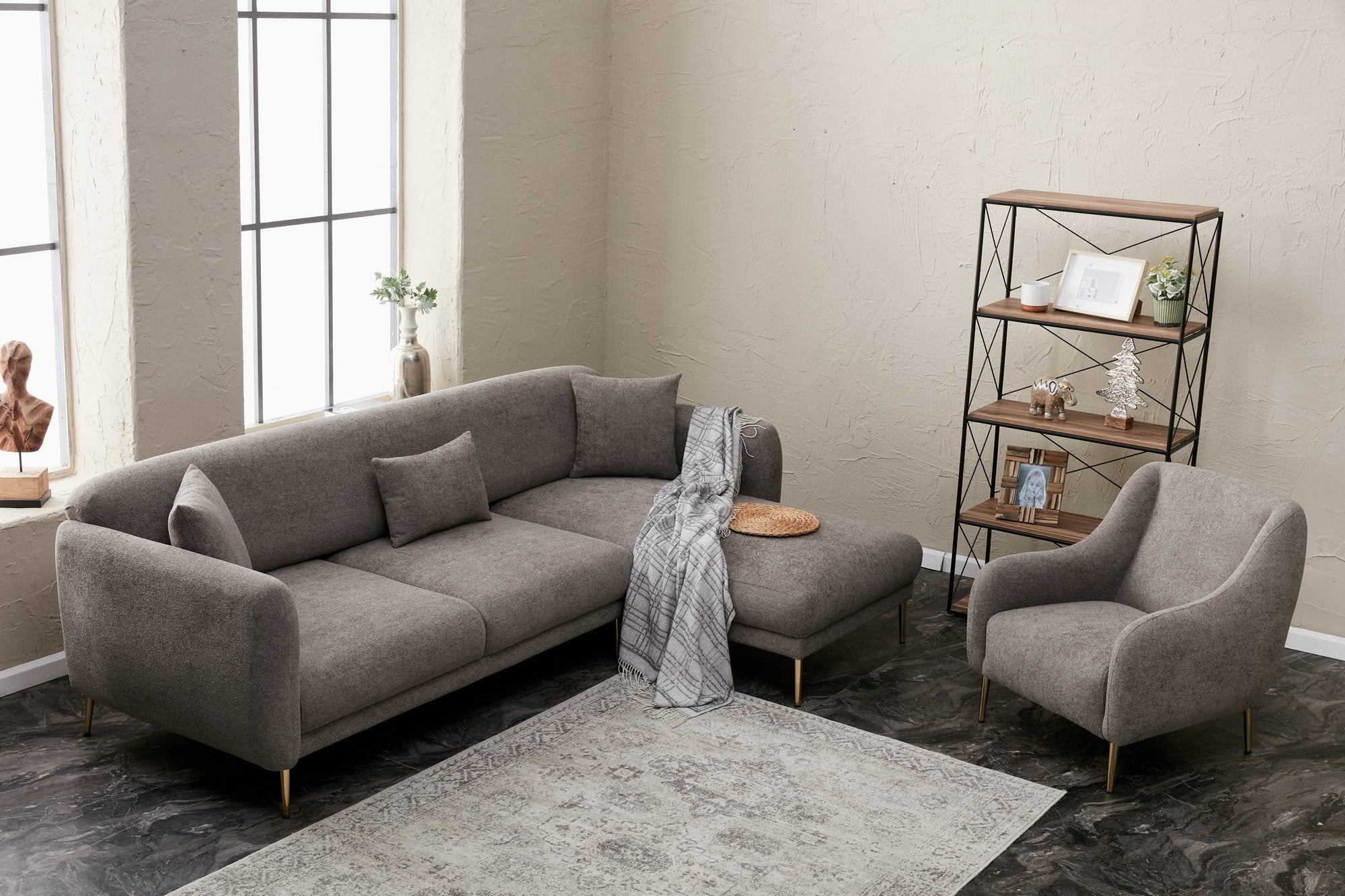 Sofá-cama de canto elegante, estrutura de madeira de faia, cinza e dourado, 266 x 133 cm | 100% poliéster, fácil de limpar, inclui 3 almofadas | Design escandinavo moderno