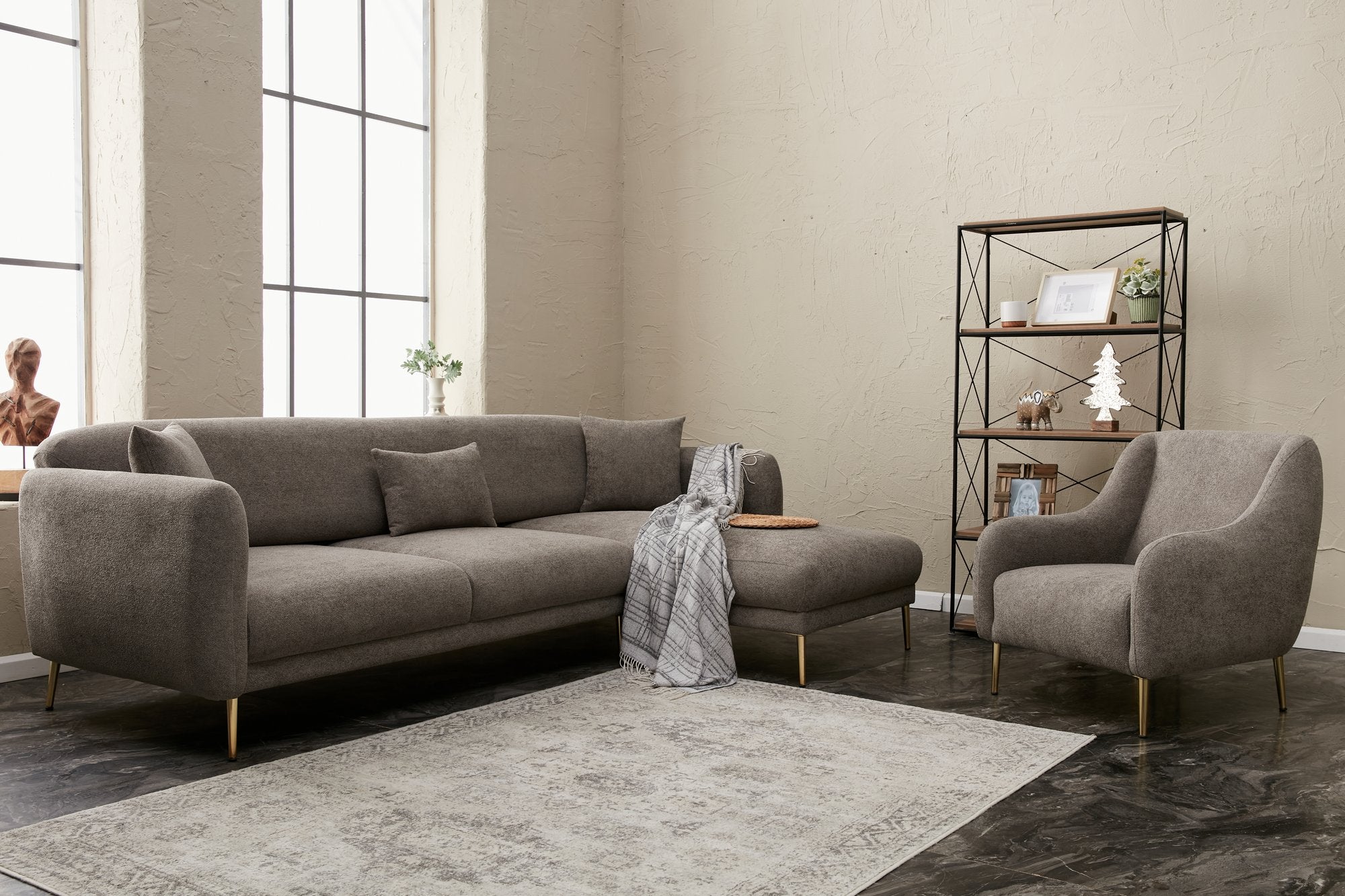 Sofá-cama de canto elegante, estrutura de madeira de faia, cinza e dourado, 266 x 133 cm | 100% poliéster, fácil de limpar, inclui 3 almofadas | Design escandinavo moderno