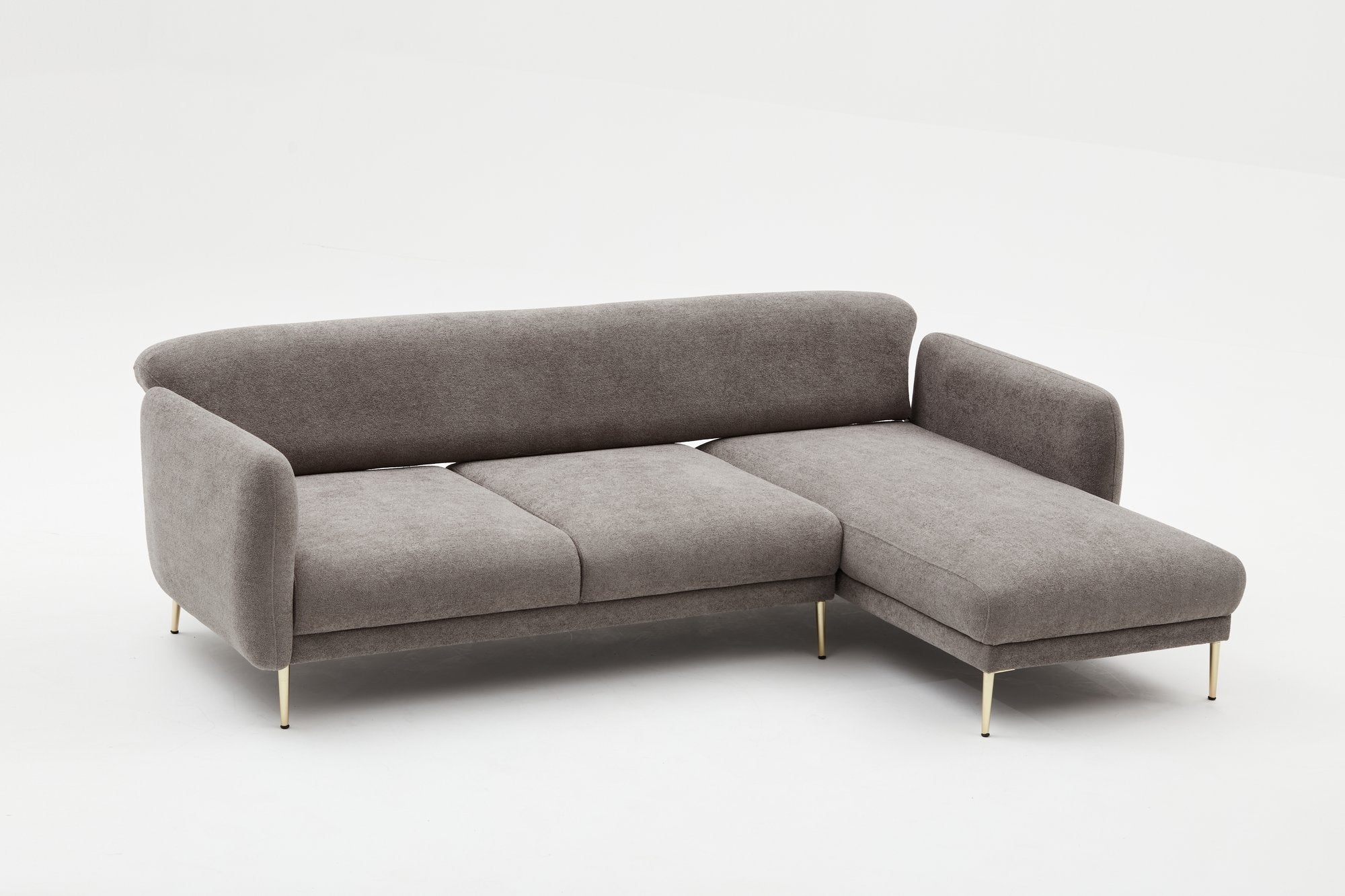 Sofá-cama de canto elegante, estrutura de madeira de faia, cinza e dourado, 266 x 133 cm | 100% poliéster, fácil de limpar, inclui 3 almofadas | Design escandinavo moderno