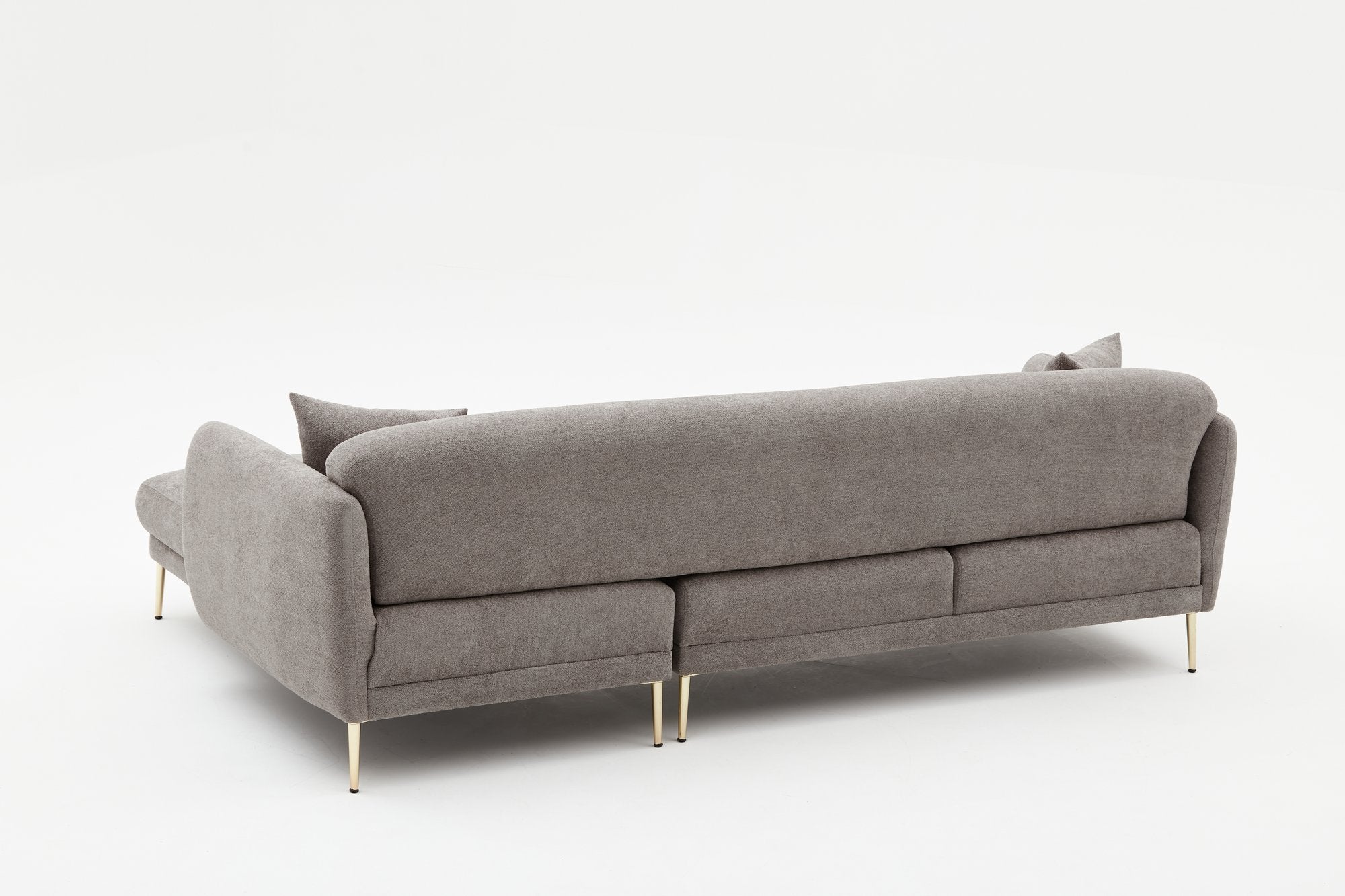 Sofá-cama de canto elegante, estrutura de madeira de faia, cinza e dourado, 266 x 133 cm | 100% poliéster, fácil de limpar, inclui 3 almofadas | Design escandinavo moderno