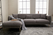 Sofá-cama de canto elegante, cinza e dourado, estrutura de madeira de faia, 266 x 133 cm | 100% poliéster, fácil de limpar, design moderno e glamouroso, perfeito para salas de estar