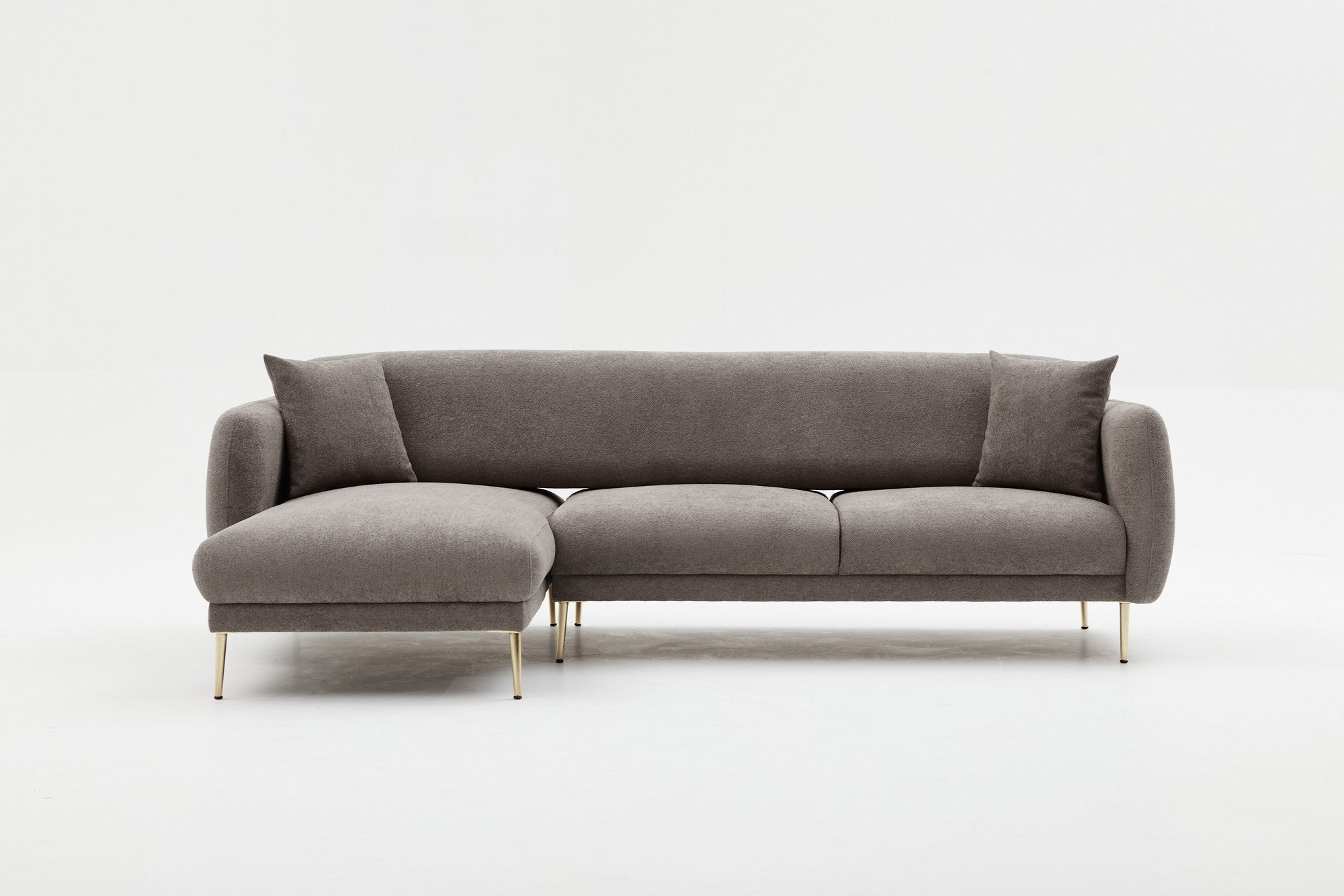 Sofá-cama de canto elegante, cinza e dourado, estrutura de madeira de faia, 266 x 133 cm | 100% poliéster, fácil de limpar, design moderno e glamouroso, perfeito para salas de estar