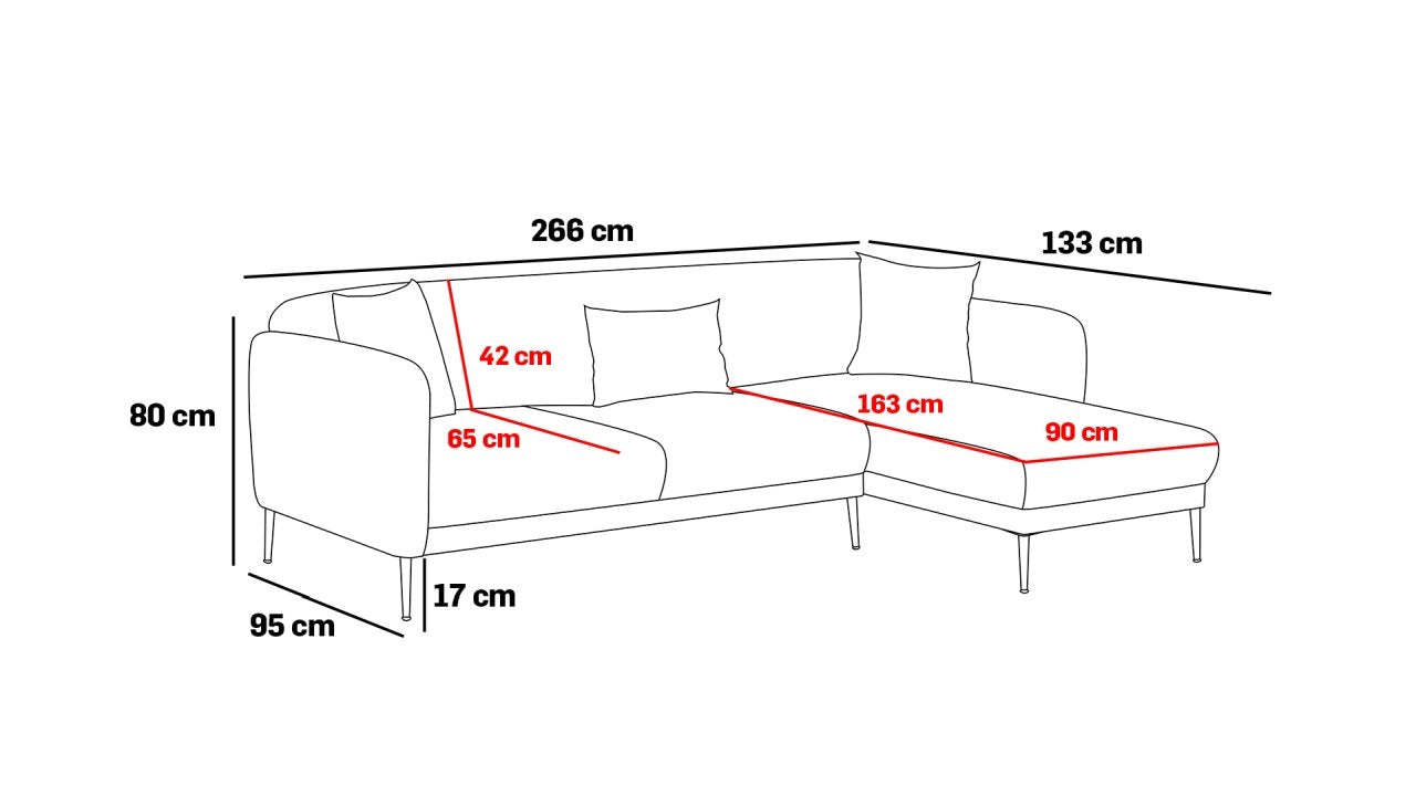 Sofá-cama de canto elegante, cinza e dourado, estrutura de madeira de faia, 266 x 133 cm | 100% poliéster, fácil de limpar, design moderno e glamouroso, perfeito para salas de estar