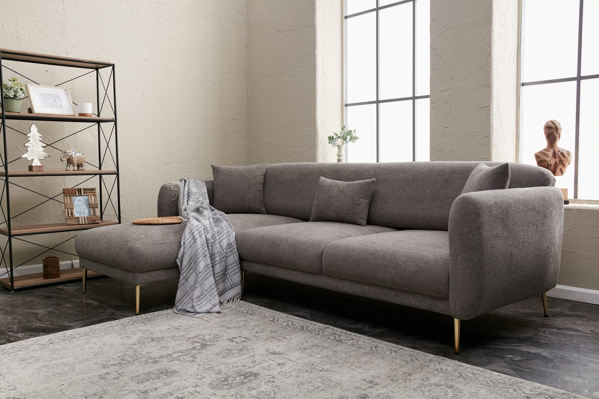 Sofá-cama de canto elegante, cinza e dourado, estrutura de madeira de faia, 266 x 133 cm | 100% poliéster, fácil de limpar, design moderno e glamouroso, perfeito para salas de estar