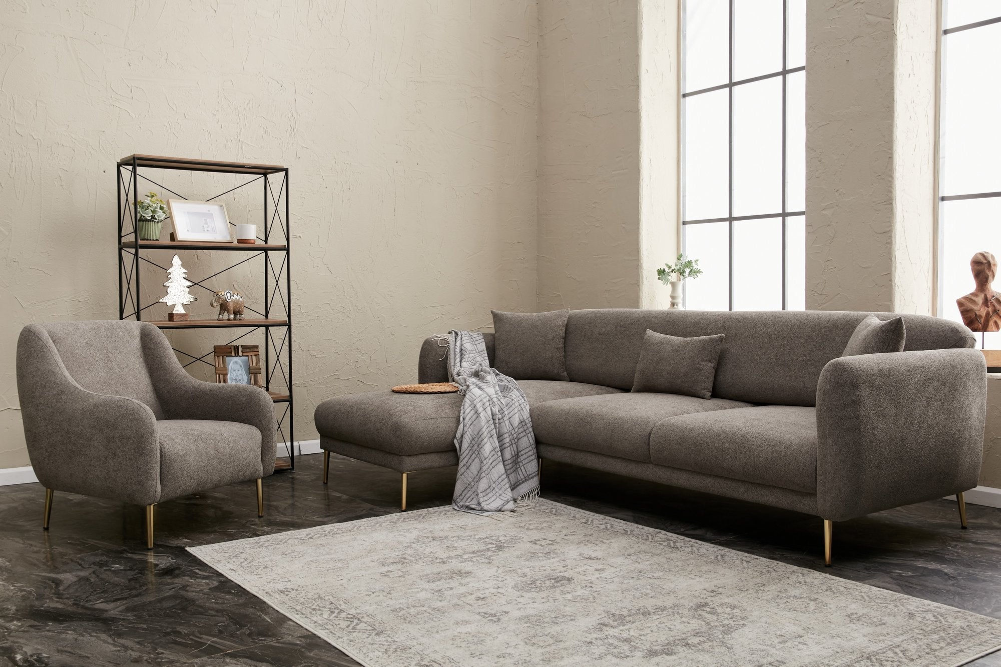 Sofá-cama de canto elegante, cinza e dourado, estrutura de madeira de faia, 266 x 133 cm | 100% poliéster, fácil de limpar, design moderno e glamouroso, perfeito para salas de estar