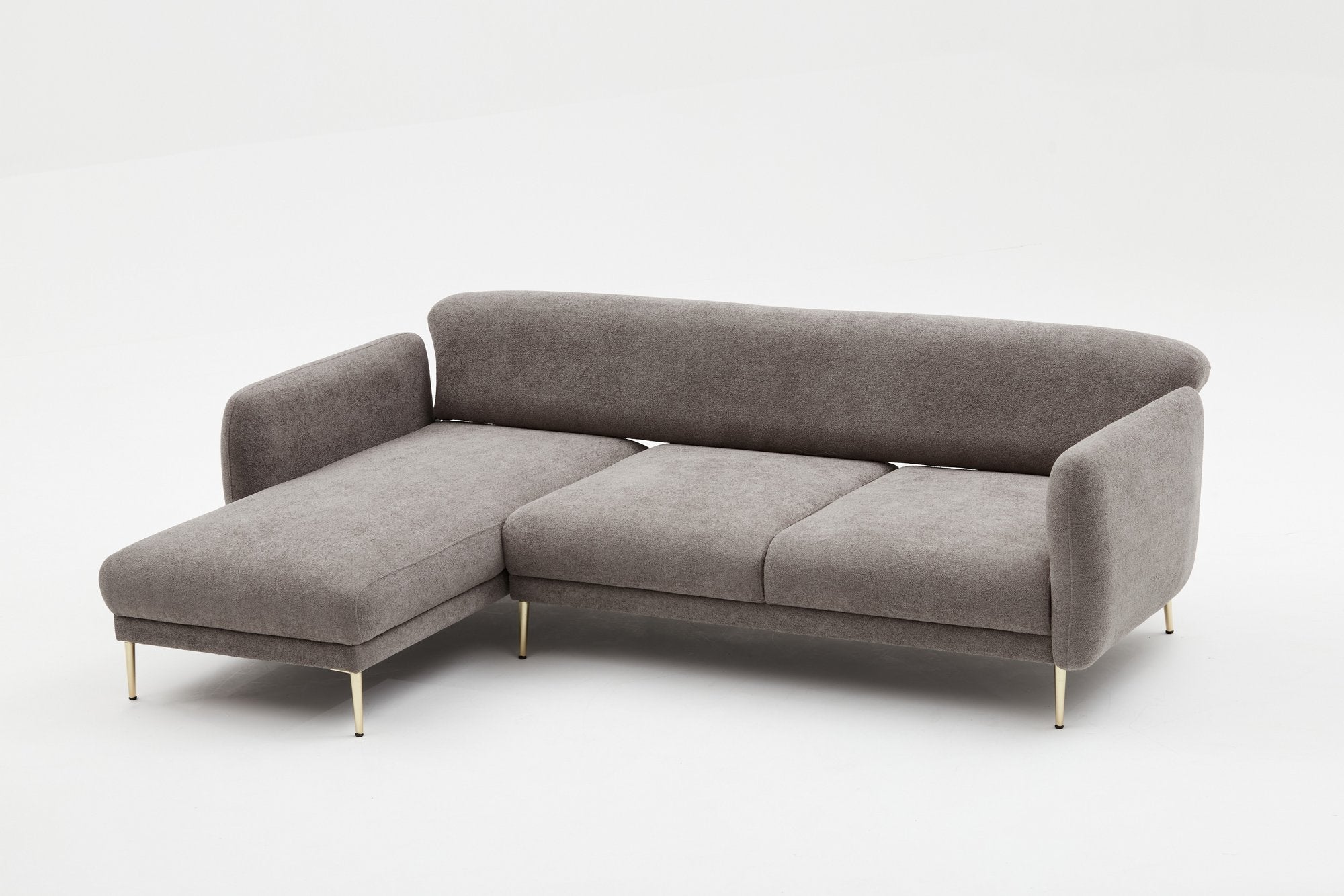 Sofá-cama de canto elegante, cinza e dourado, estrutura de madeira de faia, 266 x 133 cm | 100% poliéster, fácil de limpar, design moderno e glamouroso, perfeito para salas de estar
