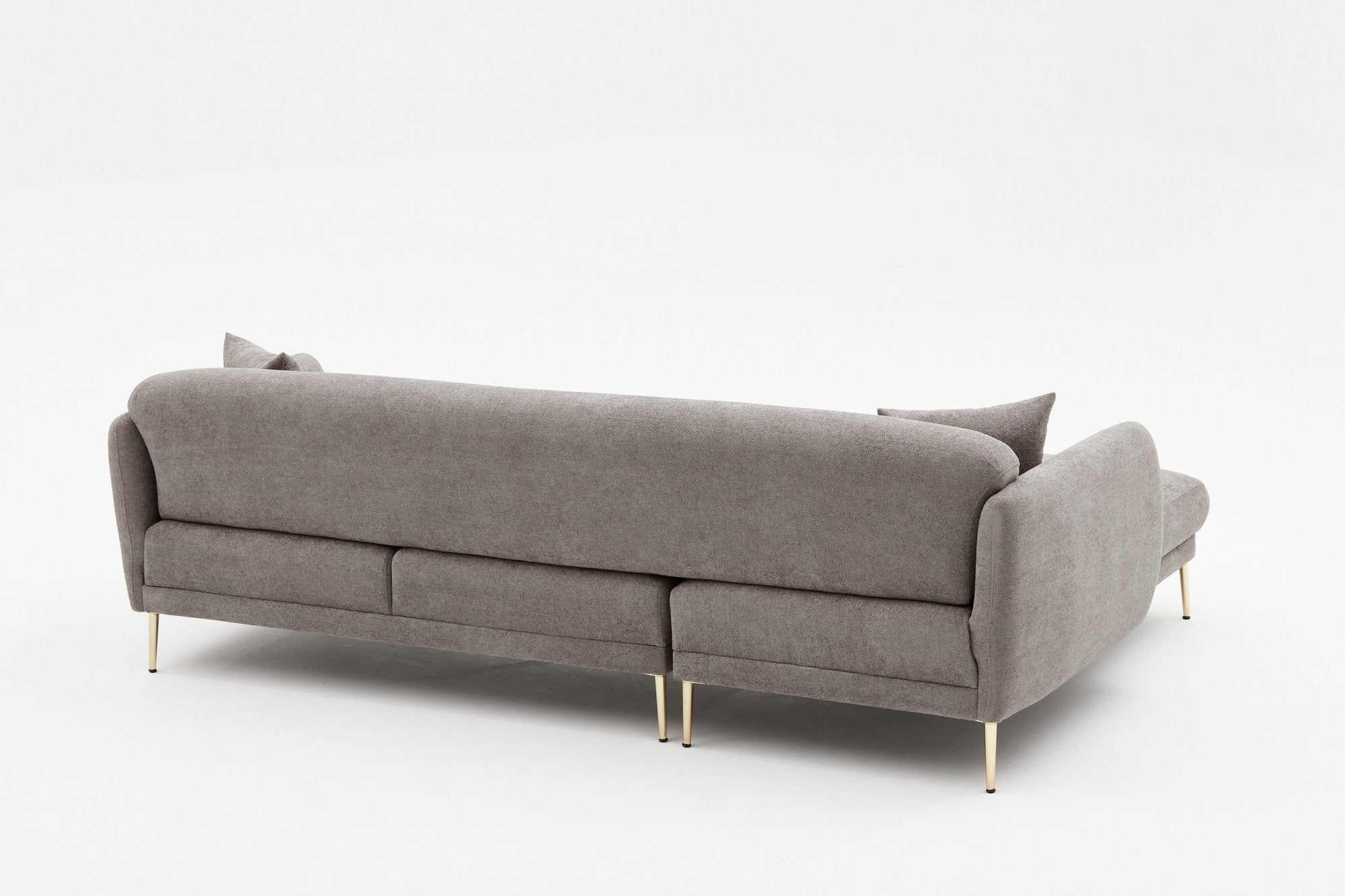 Sofá-cama de canto elegante, cinza e dourado, estrutura de madeira de faia, 266 x 133 cm | 100% poliéster, fácil de limpar, design moderno e glamouroso, perfeito para salas de estar