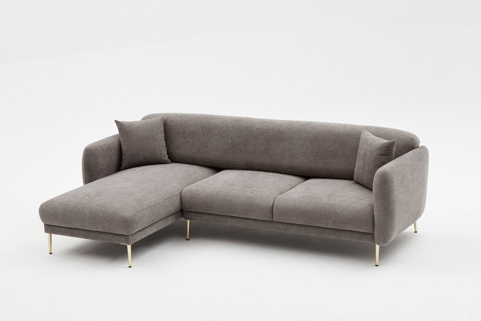 Sofá-cama de canto elegante, cinza e dourado, estrutura de madeira de faia, 266 x 133 cm | 100% poliéster, fácil de limpar, design moderno e glamouroso, perfeito para salas de estar